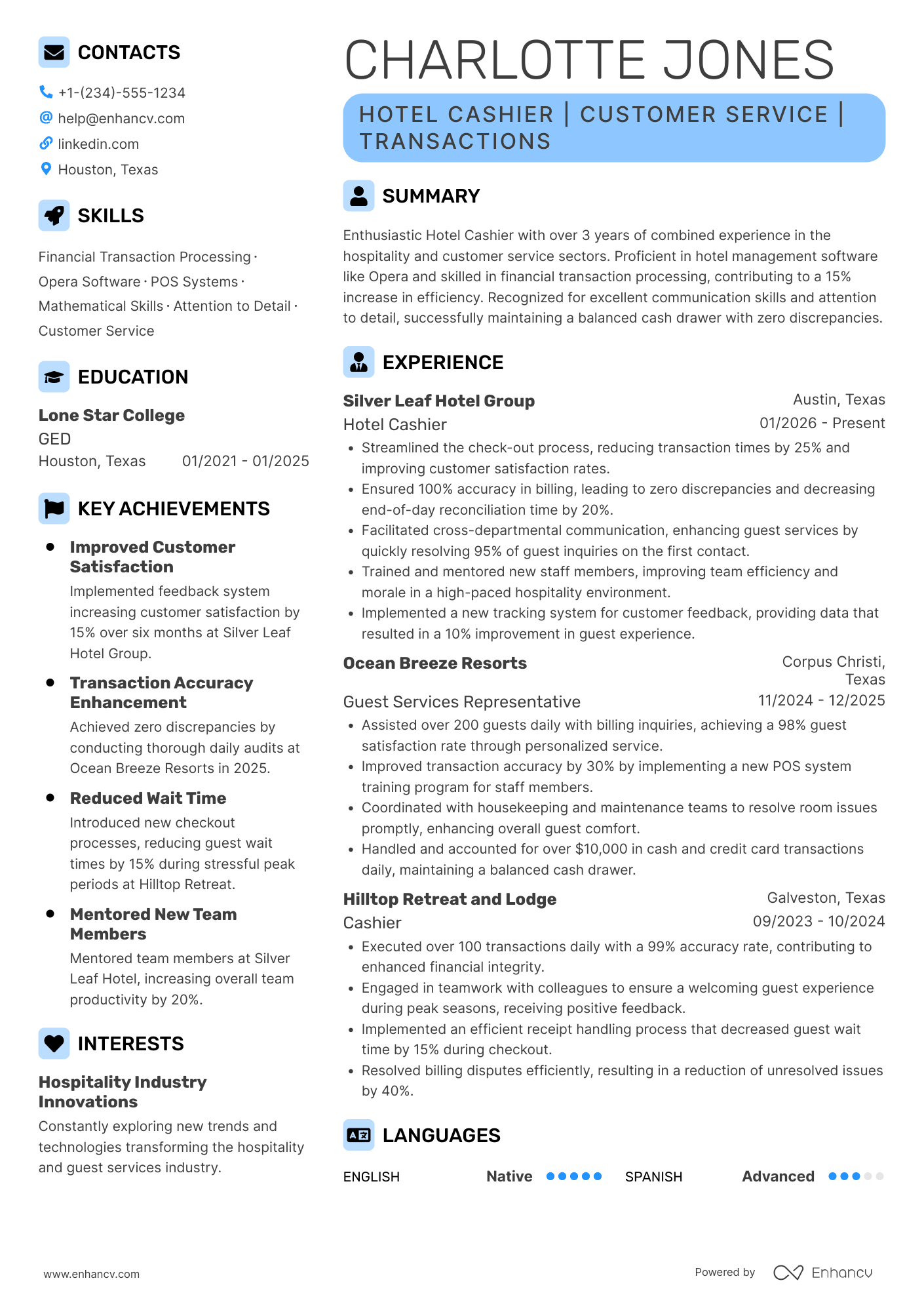 Hotel Cashier Resume Example