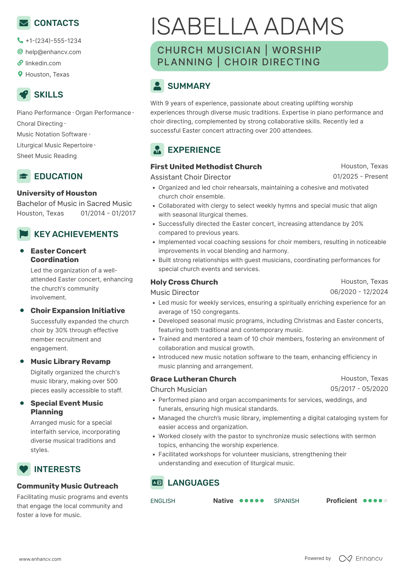 Church Musician Resume Example
