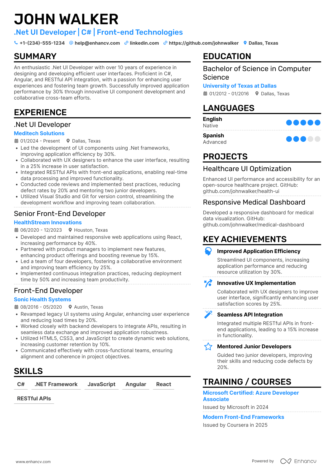 .Net UI Developer Resume Example