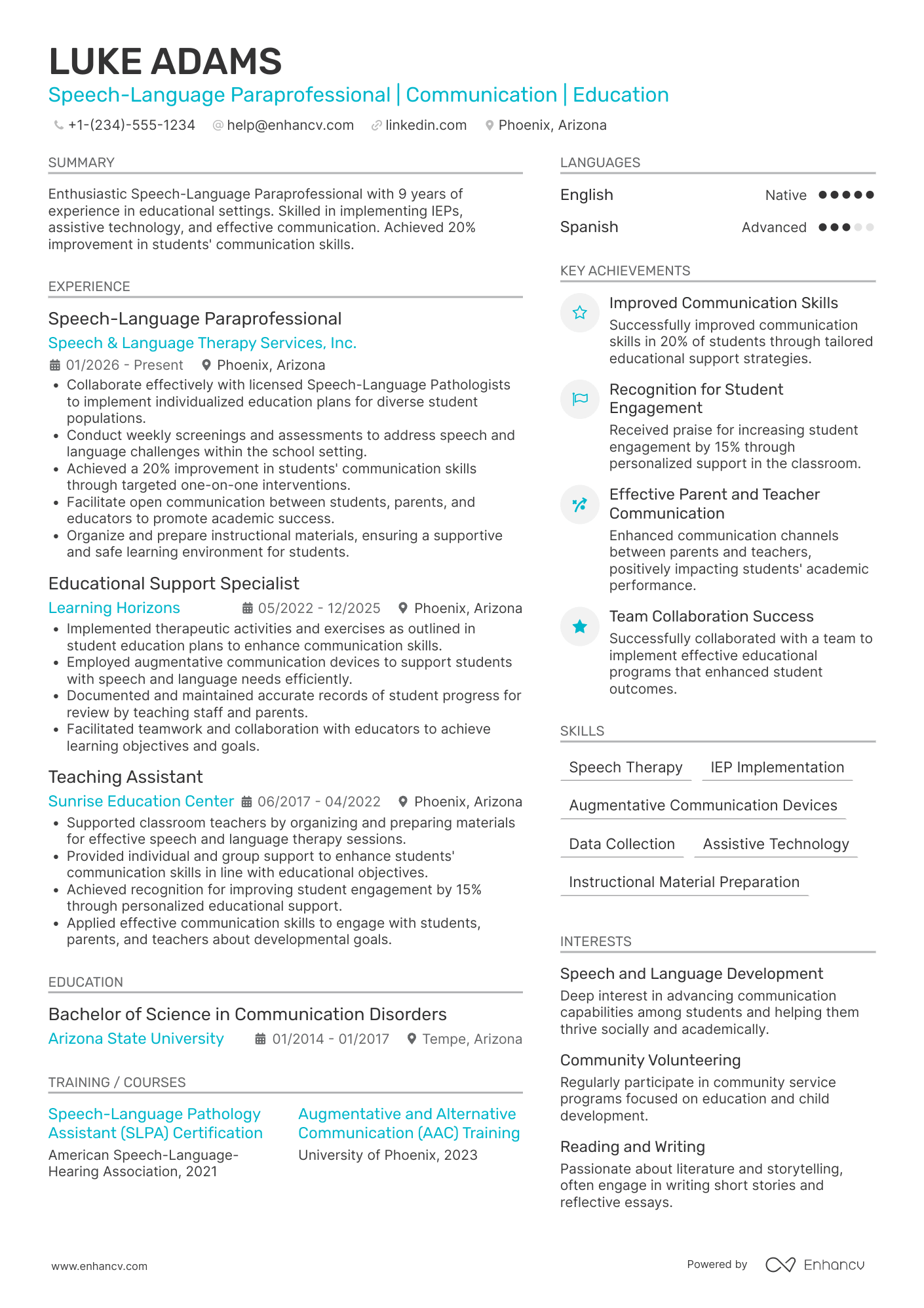 Speech Language Paraprofessional Resume Example