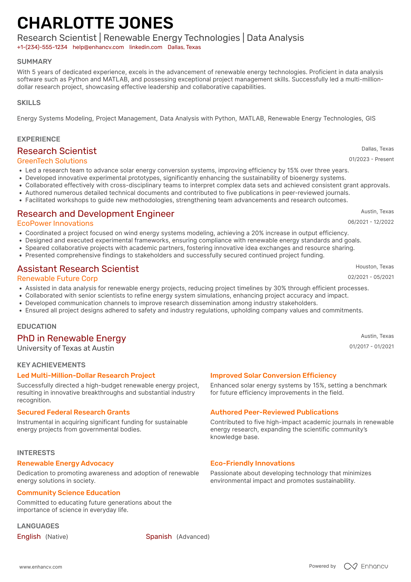 US Department of Energy Research Scientist Resume Example