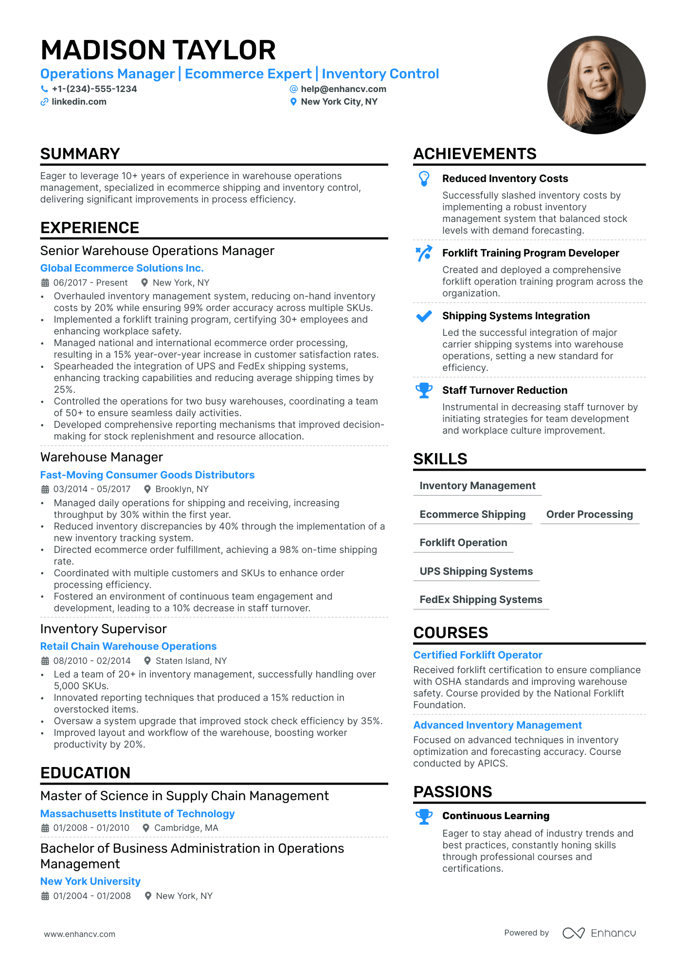 Warehouse Operations Manager Resume Example