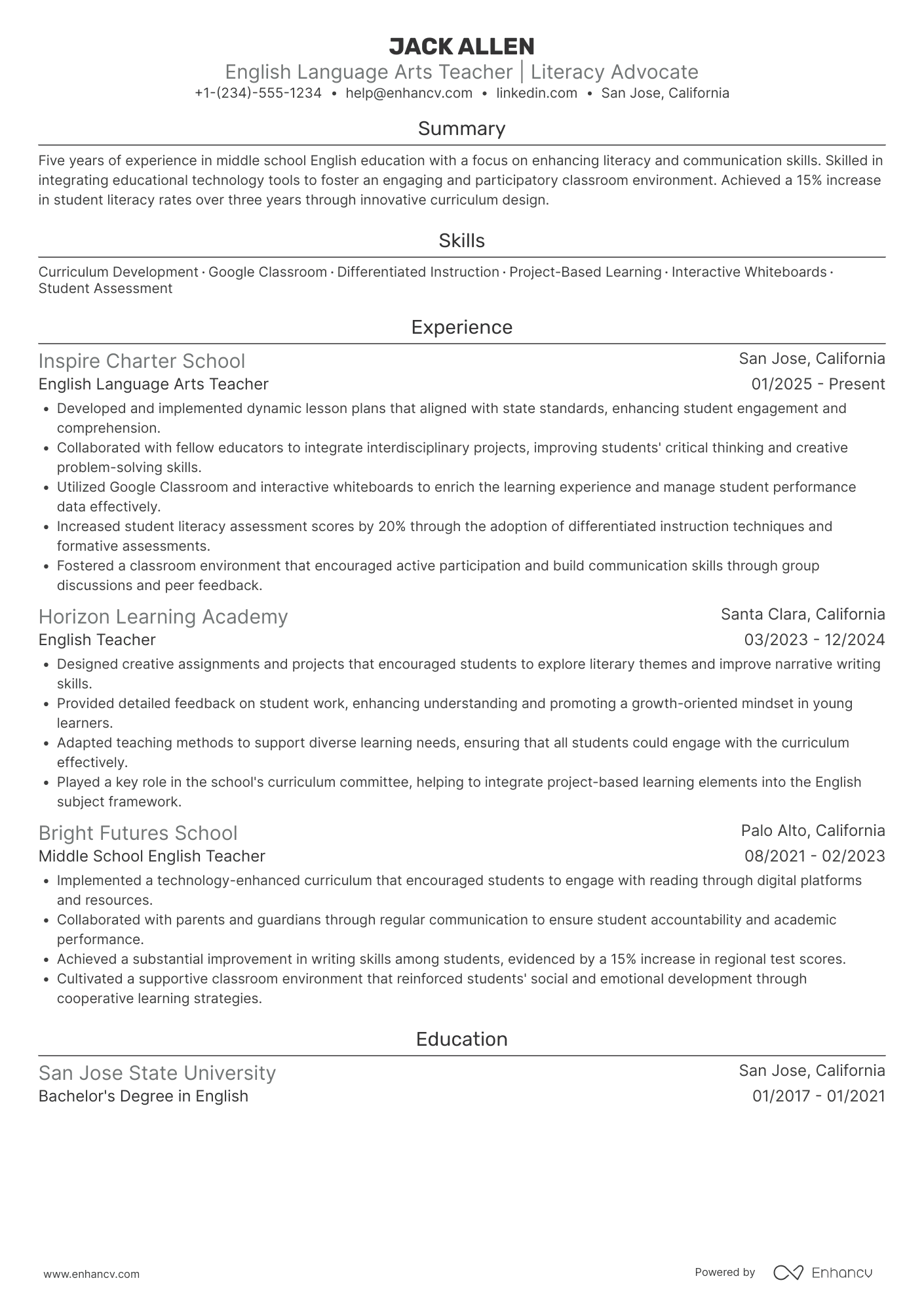 English Language Arts Teacher Resume Example
