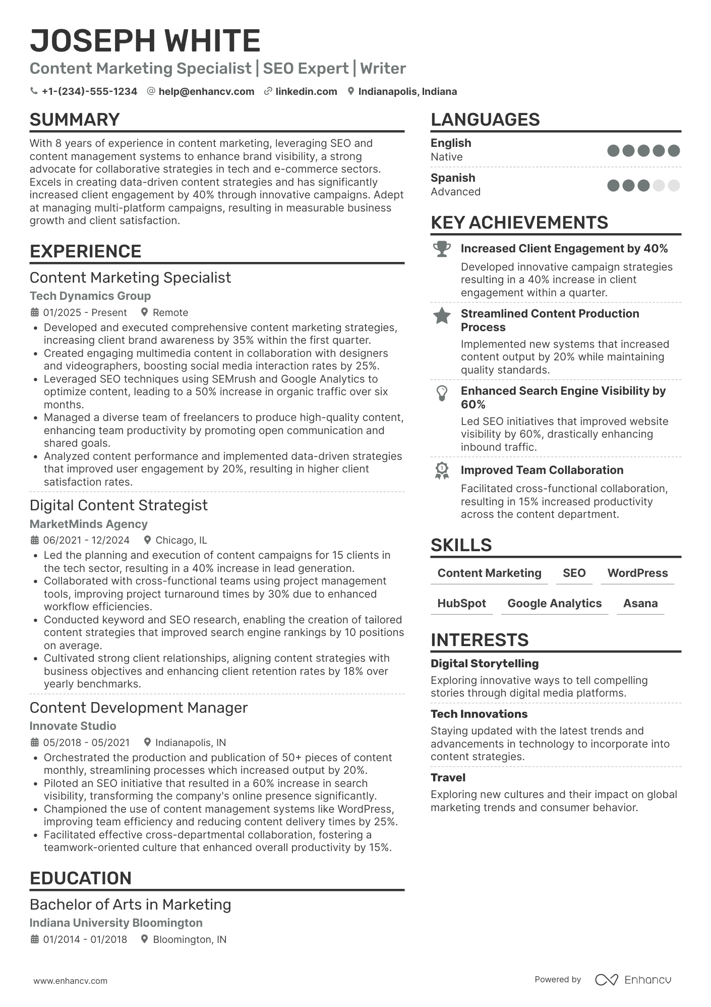 Freelance Content Marketing Specialist Resume Example