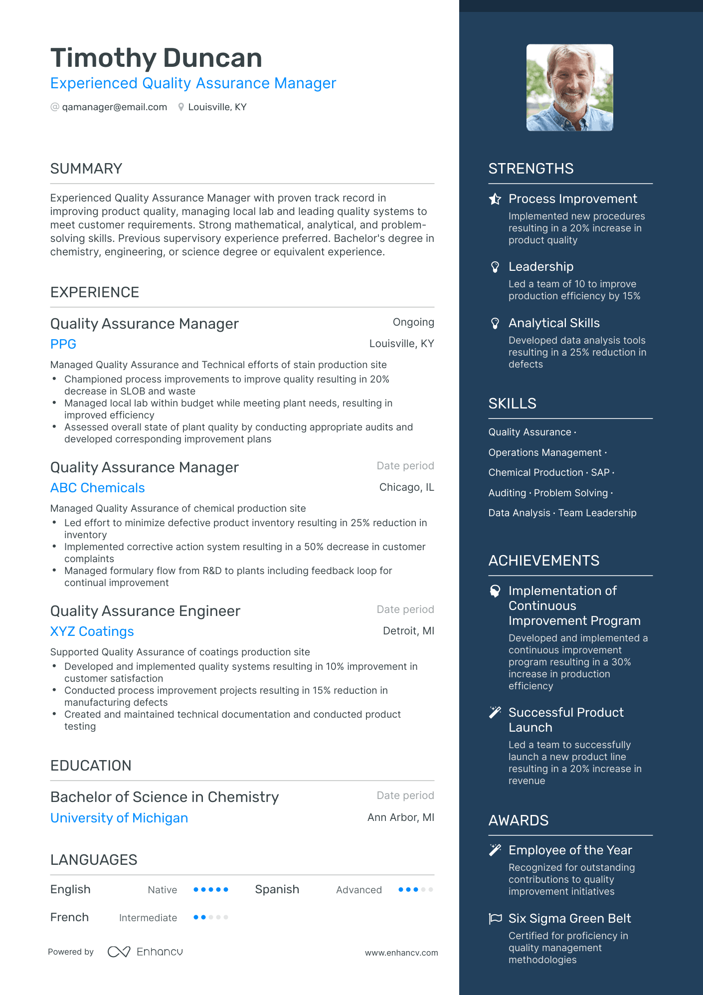 Quality Assurance Manager Resume Example