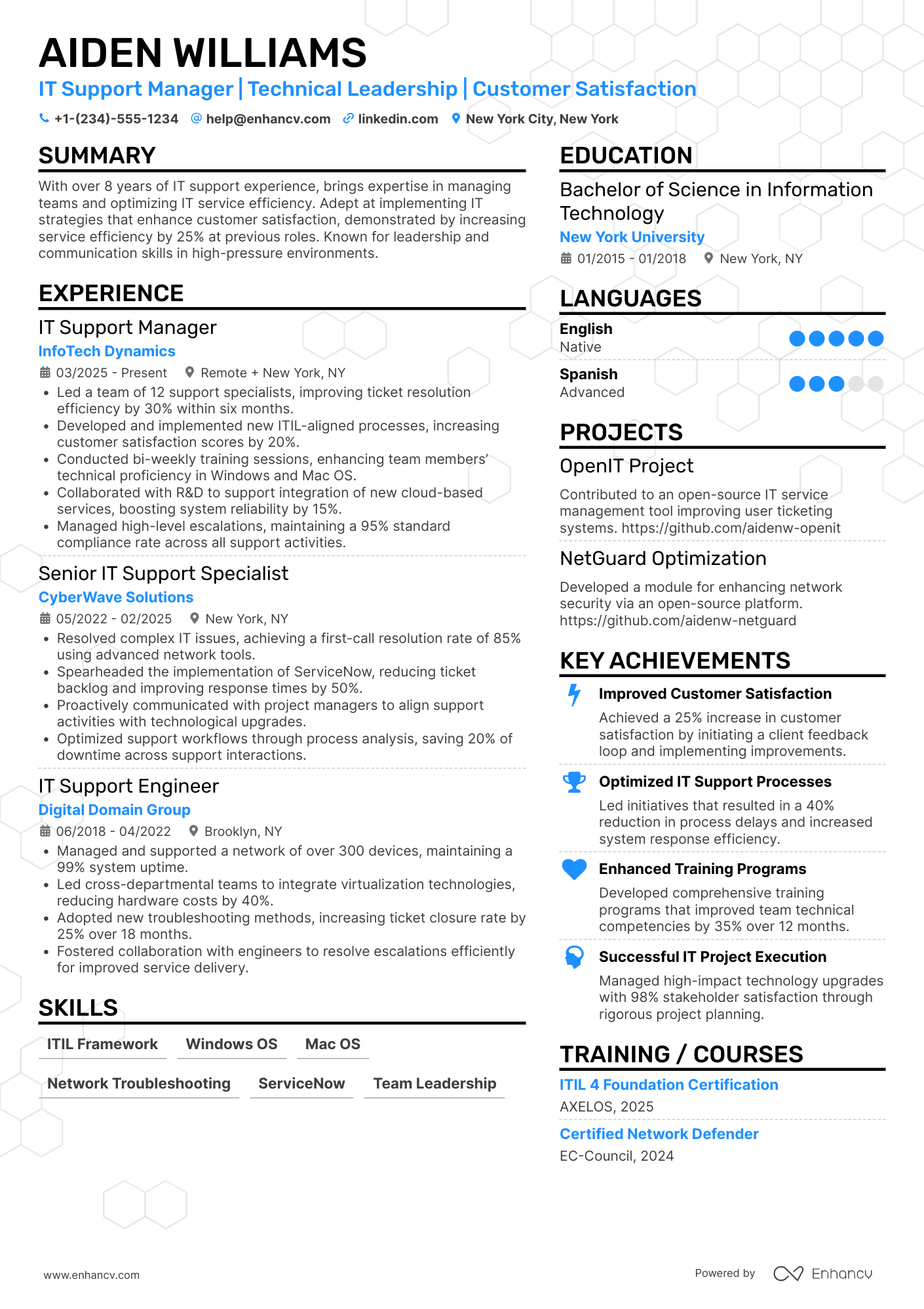 IT Support Manager Resume Example
