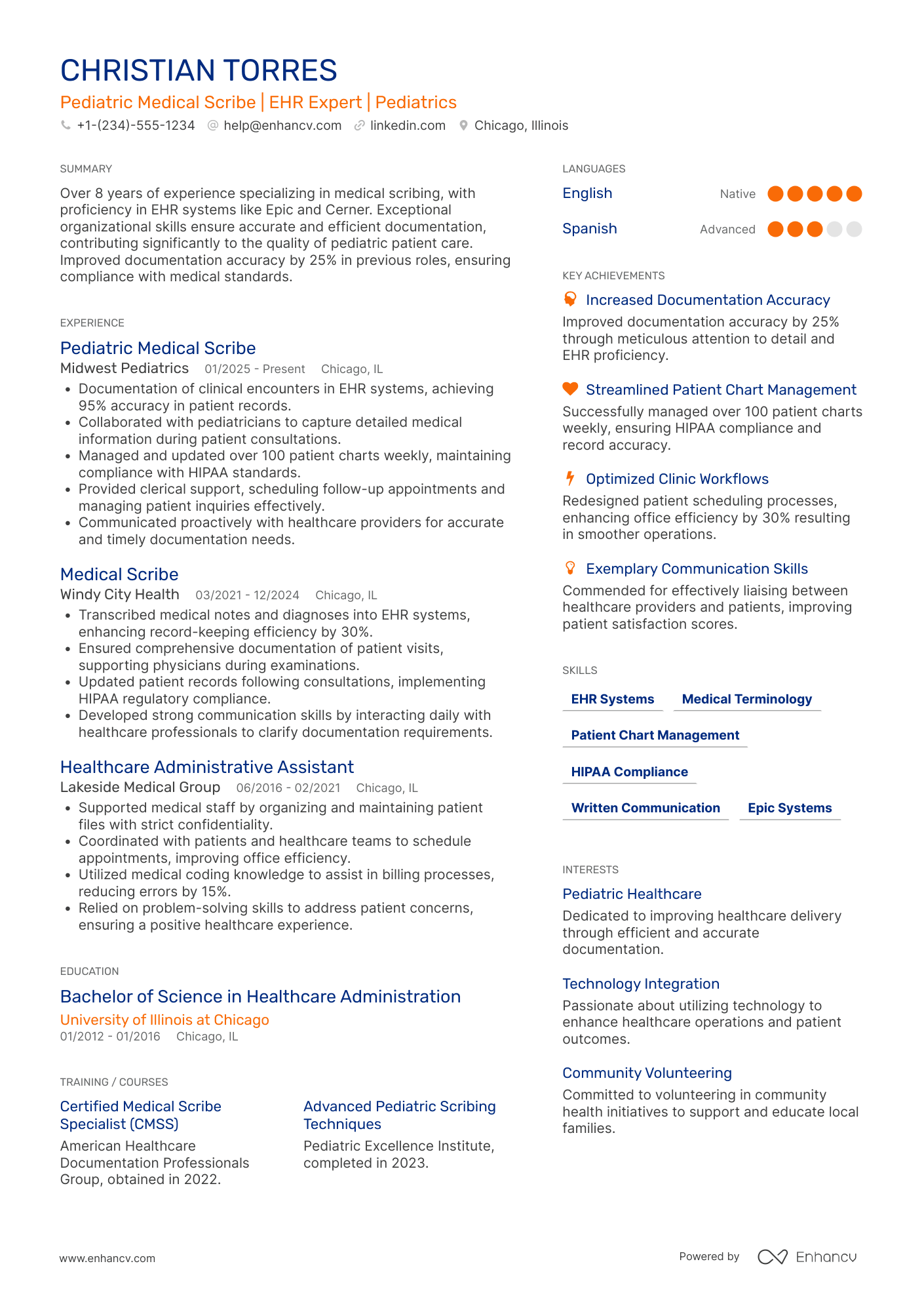 Pediatric Medical Scribe Resume Example