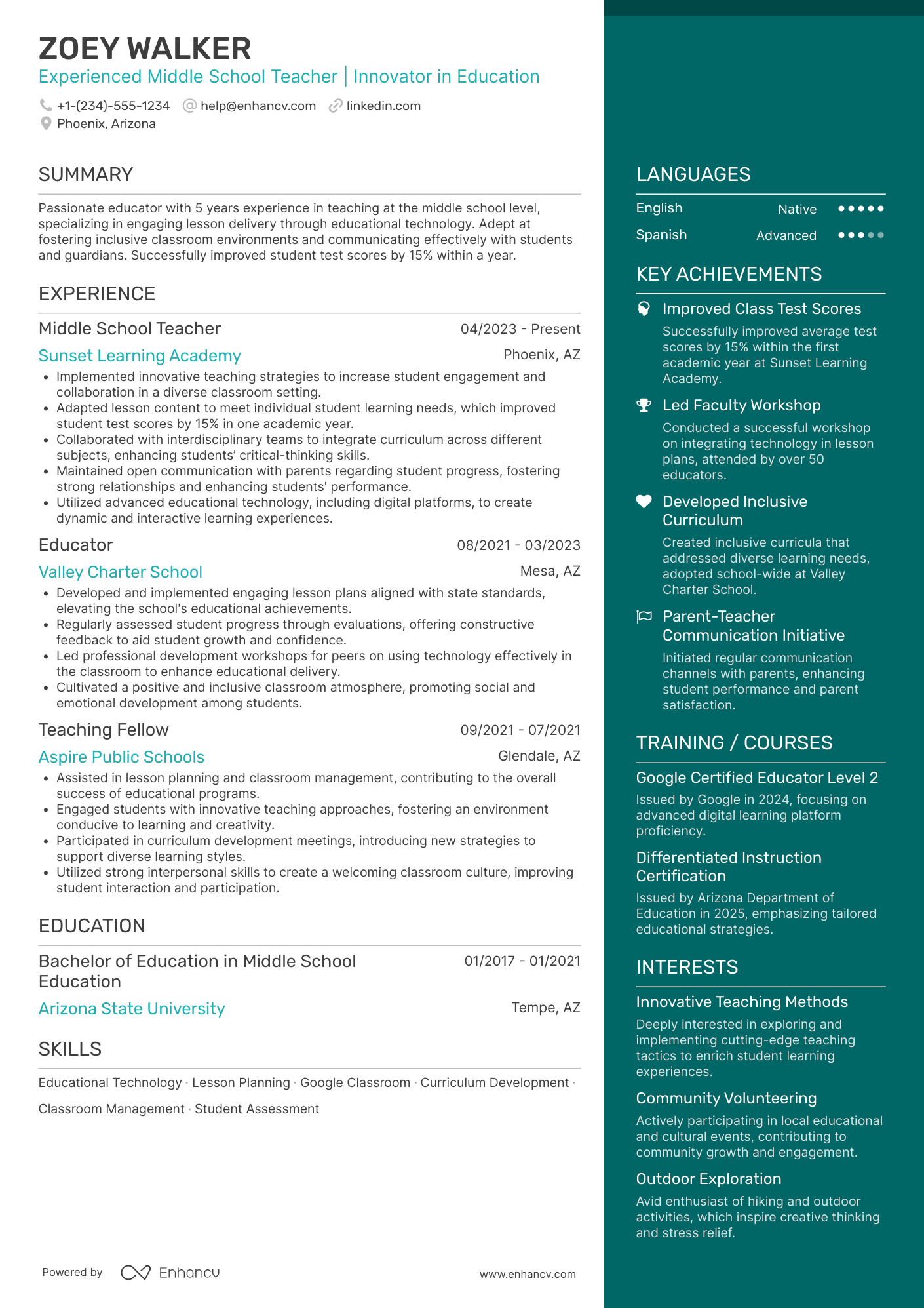 Middle School Teacher Resume Example