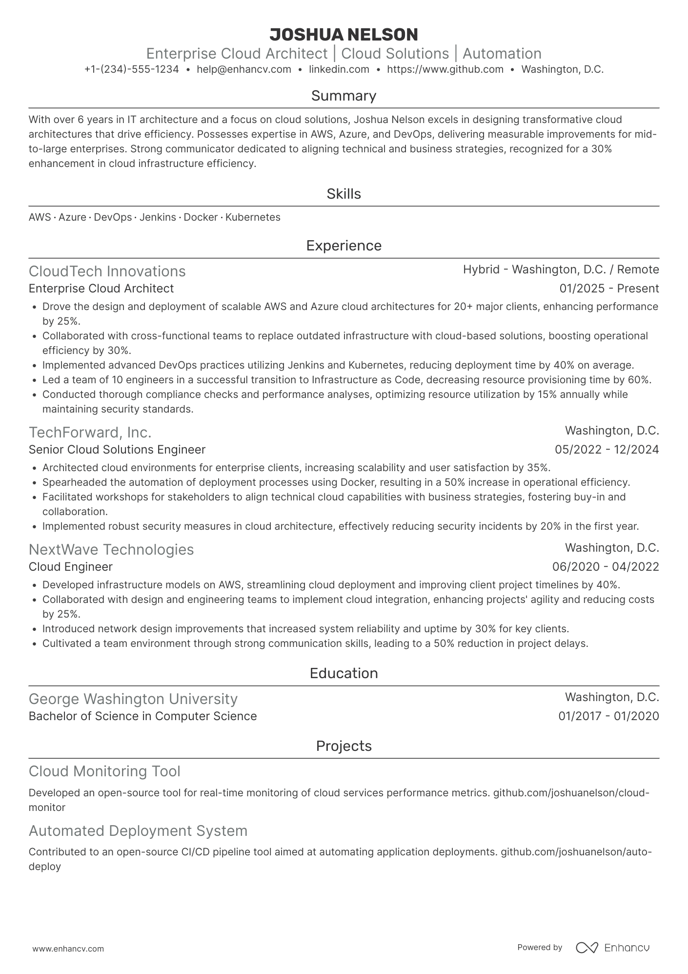 Enterprise Cloud Architect Resume Example