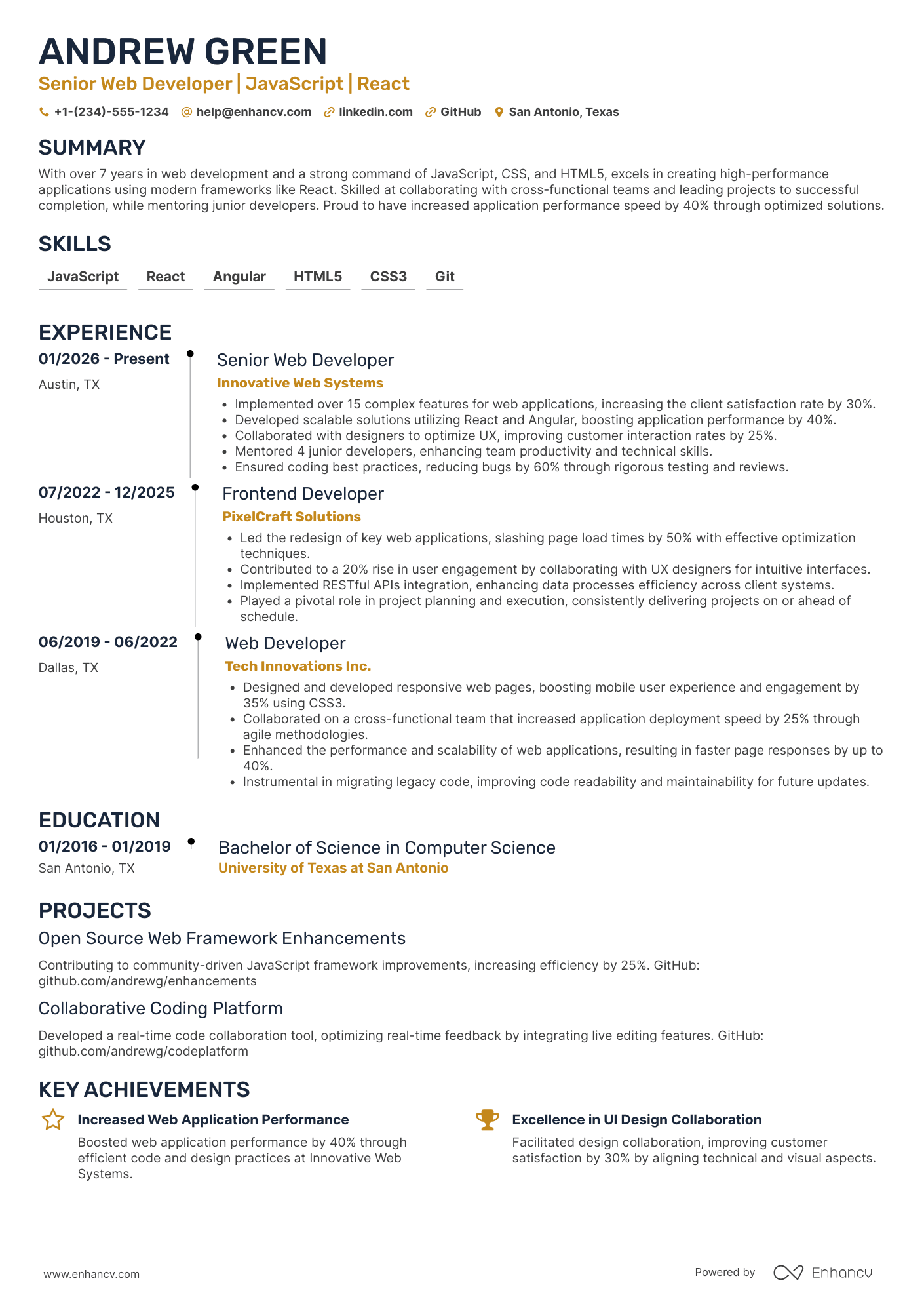 Senior Web Developer Resume Example