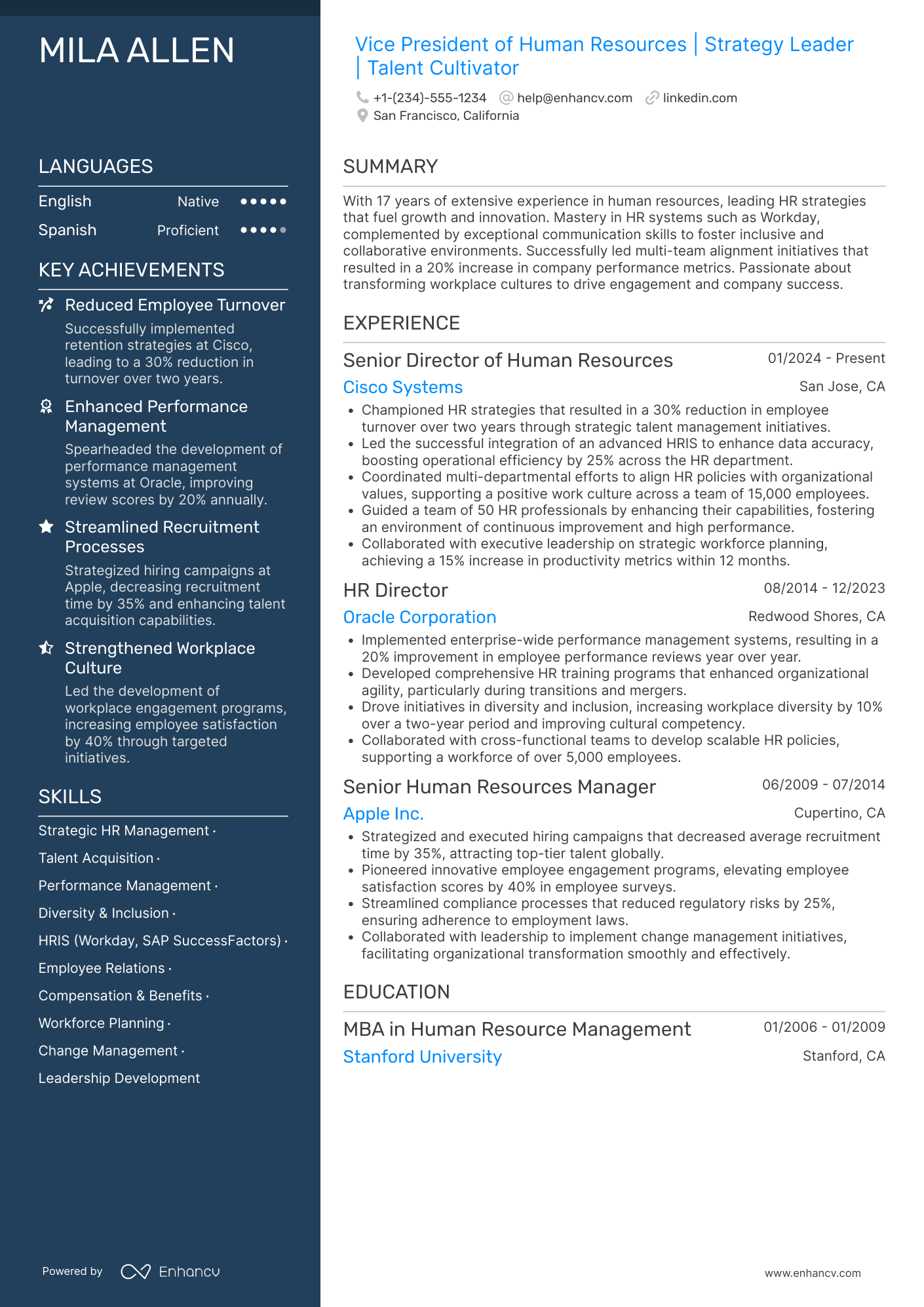 Vice President of Human Resources Resume Example