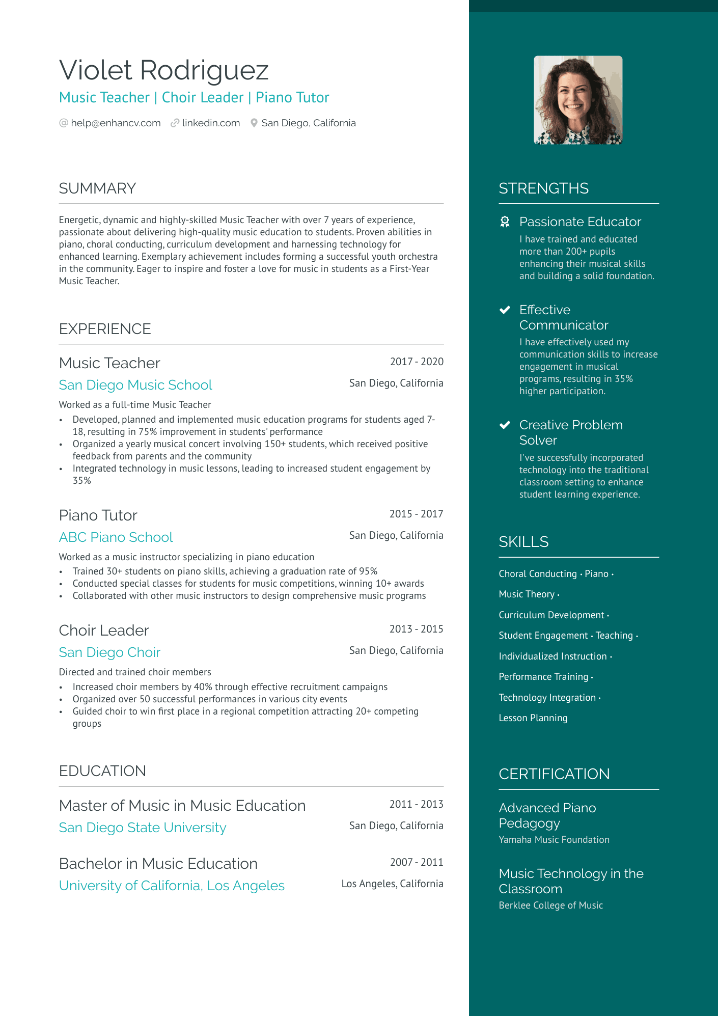 First Year Music Teacher Resume Example