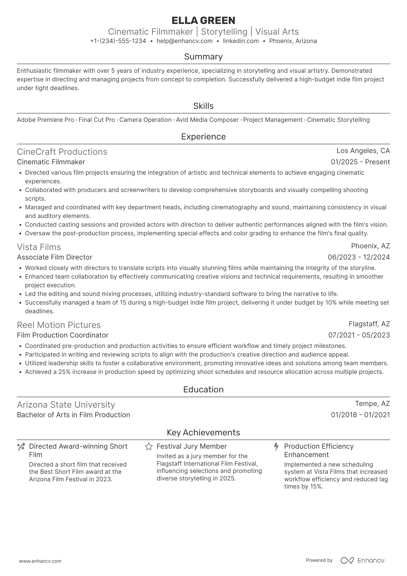 Cinematic Filmmaker Resume Example