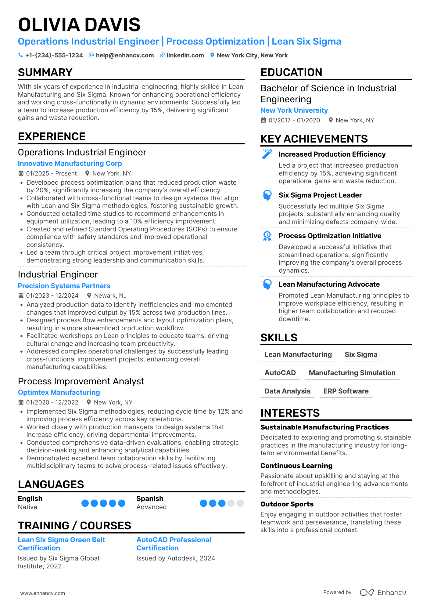Operations Industrial Engineer Resume Example
