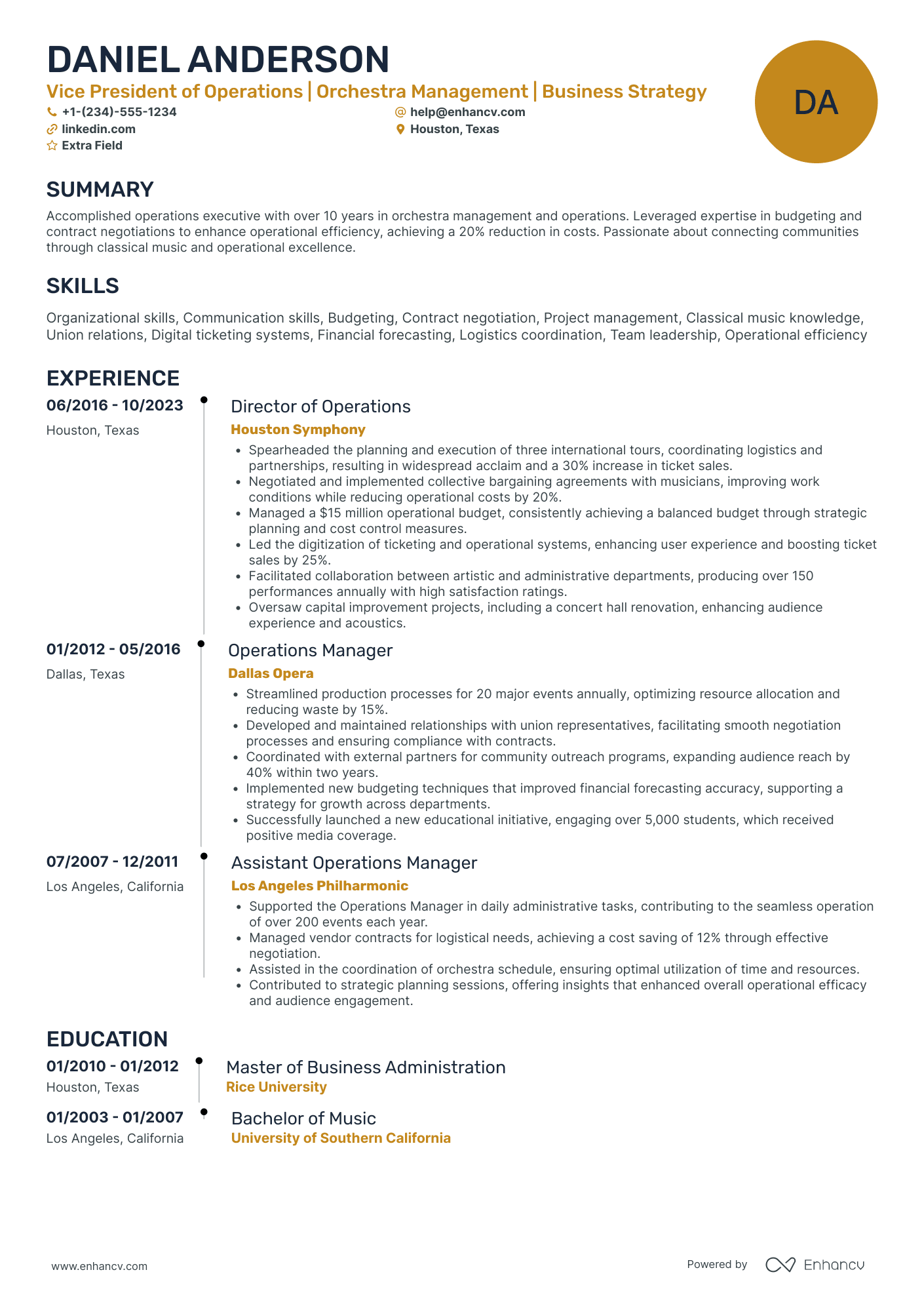 Executive Vice President of Operations Resume Example