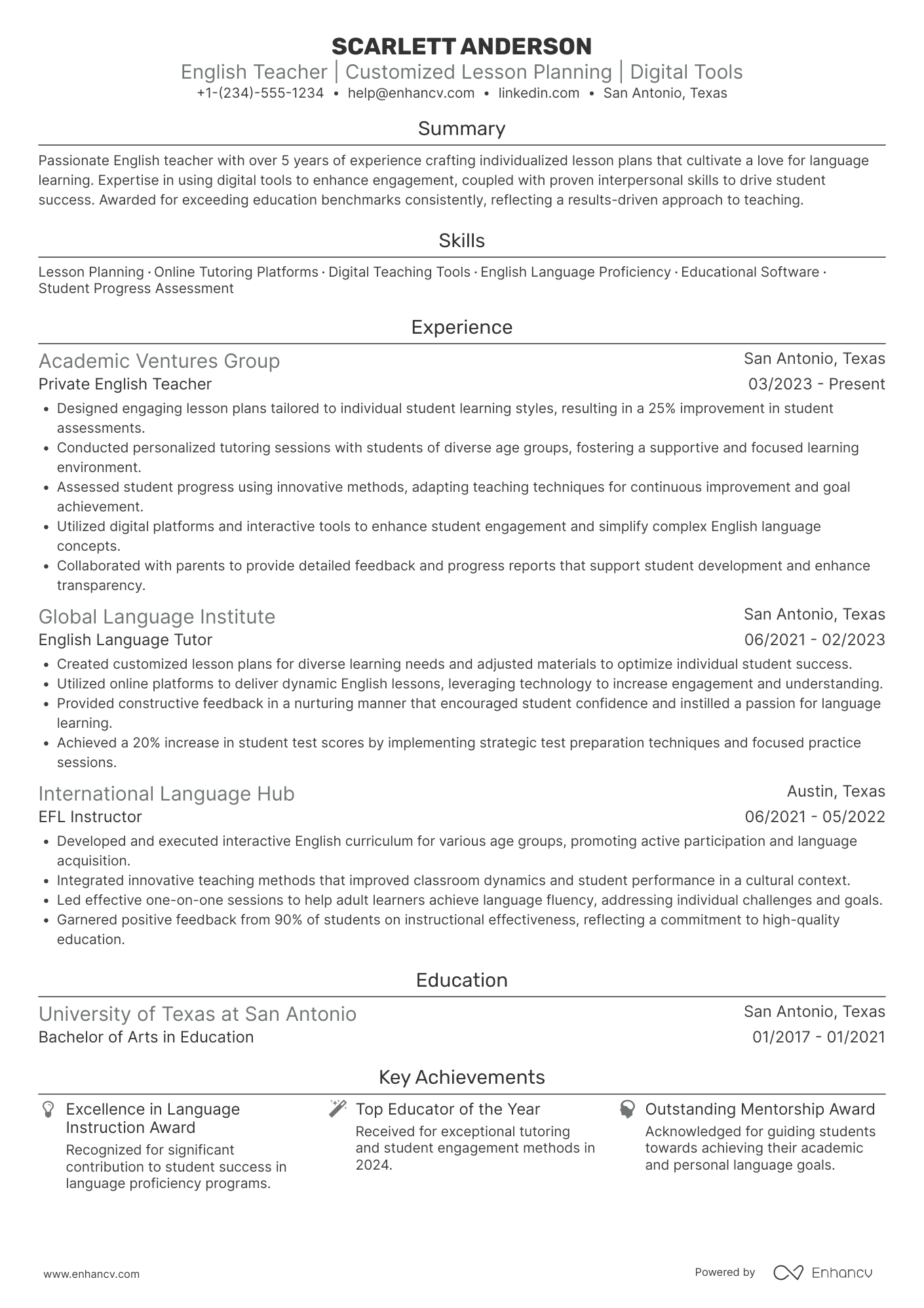 Private English Teacher Resume Example