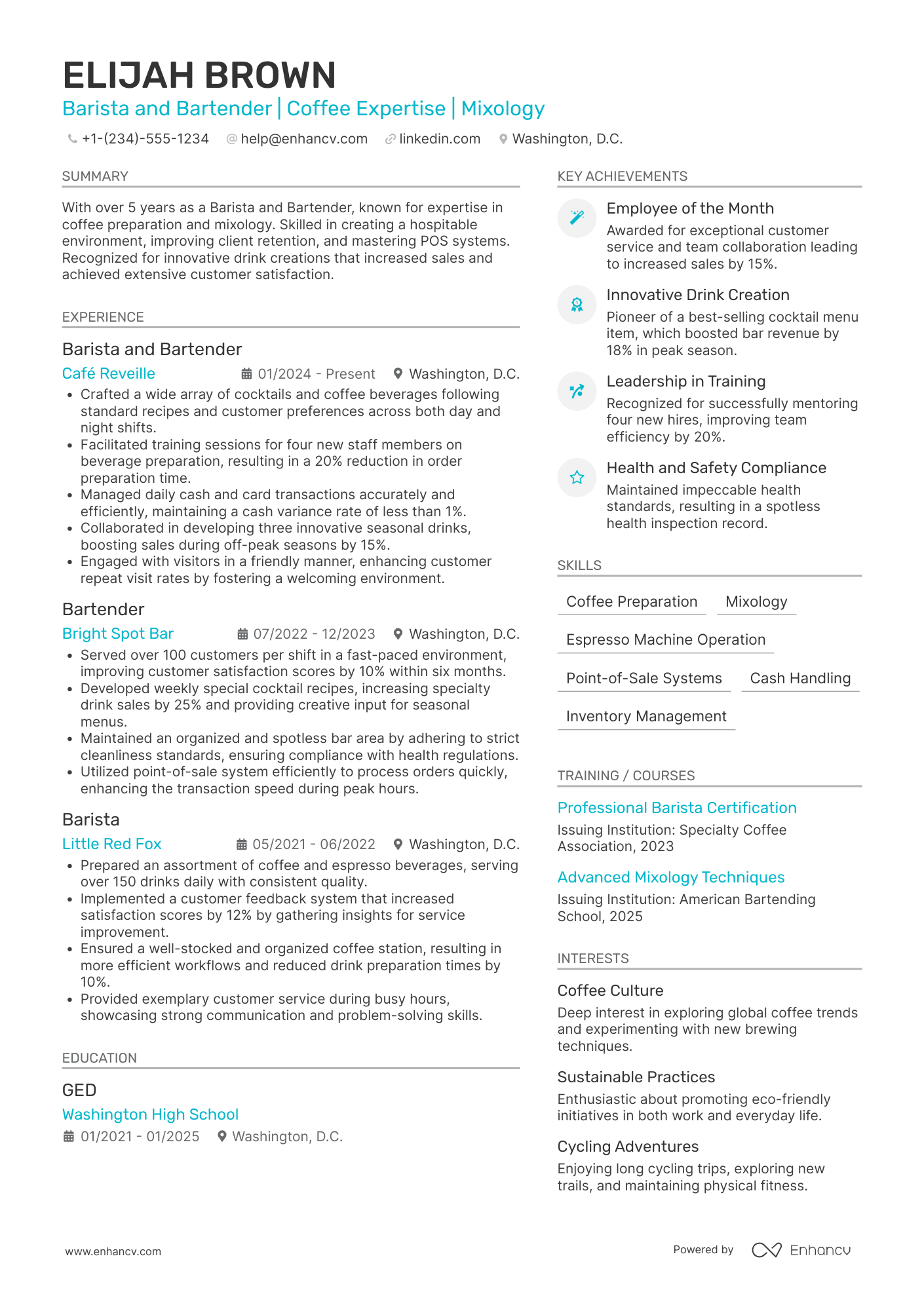 Barista and Bartender Resume Example