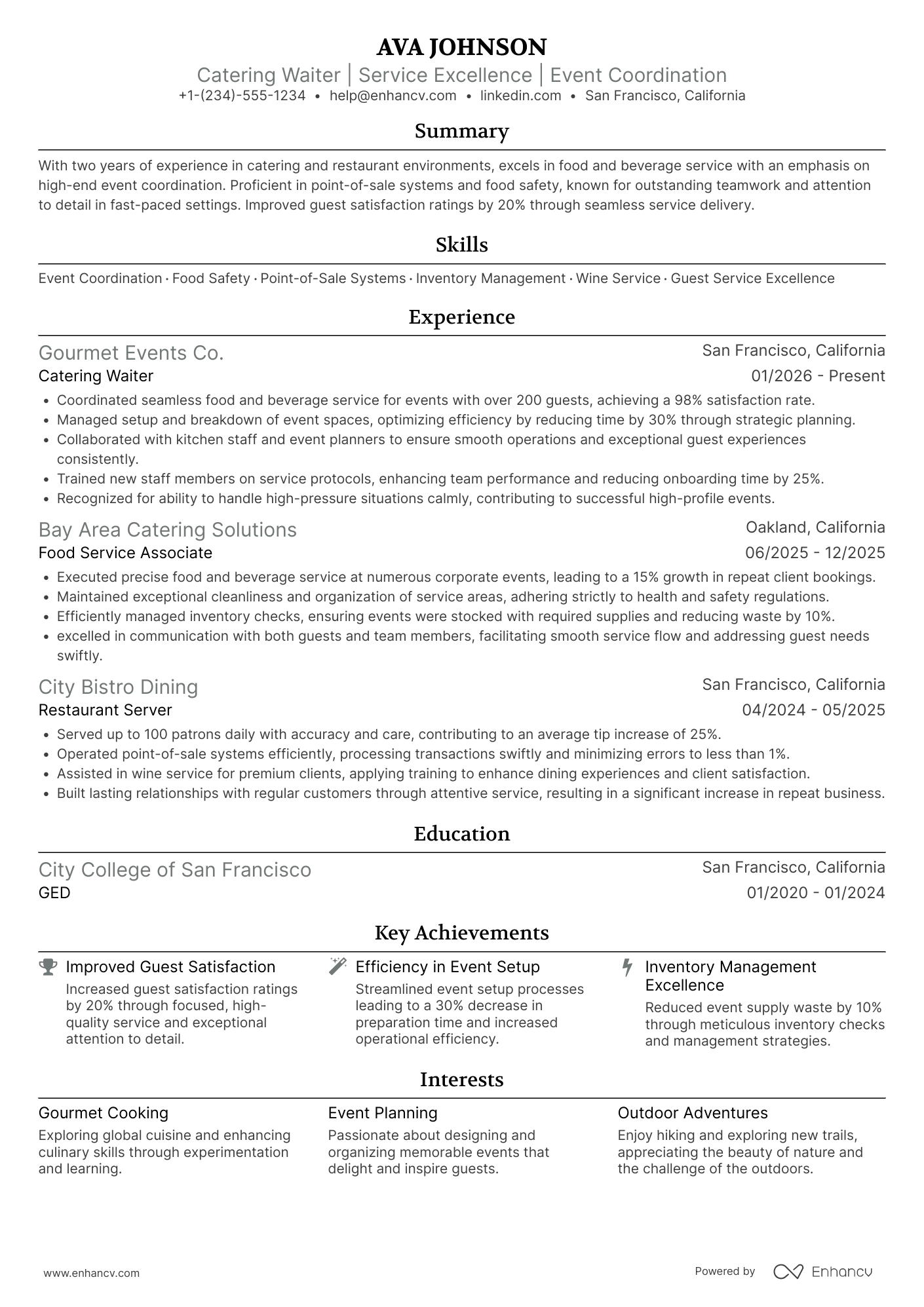 Catering Waiter Resume Example
