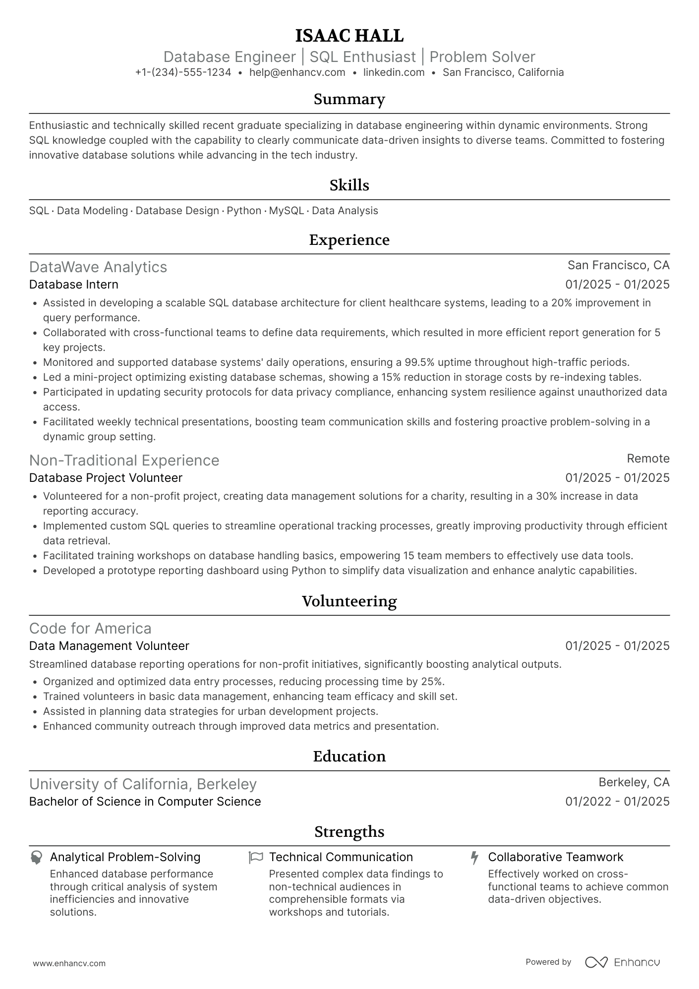 Entry Level Database Engineer Resume Example
