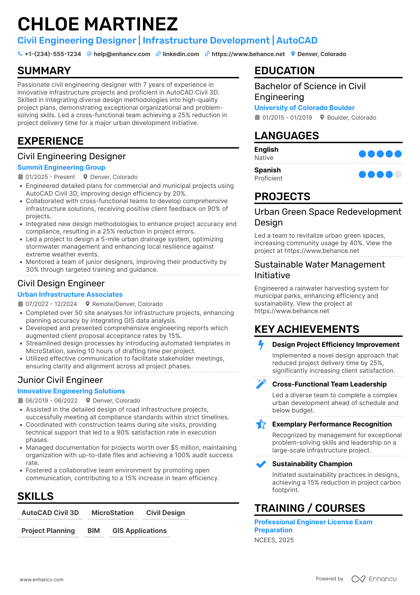 Civil Engineering Designer Resume Example