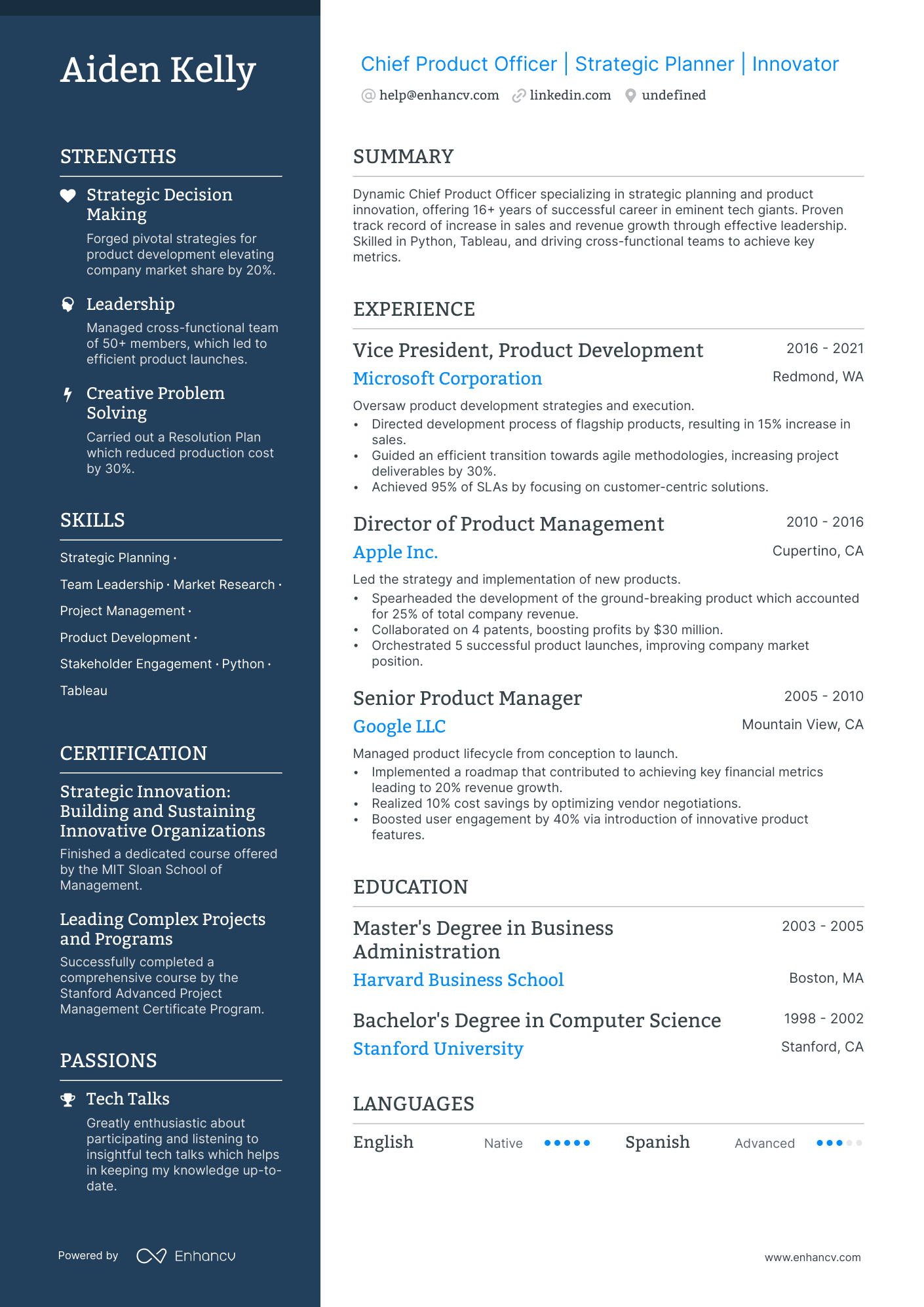 Chief Product Officer Resume Example