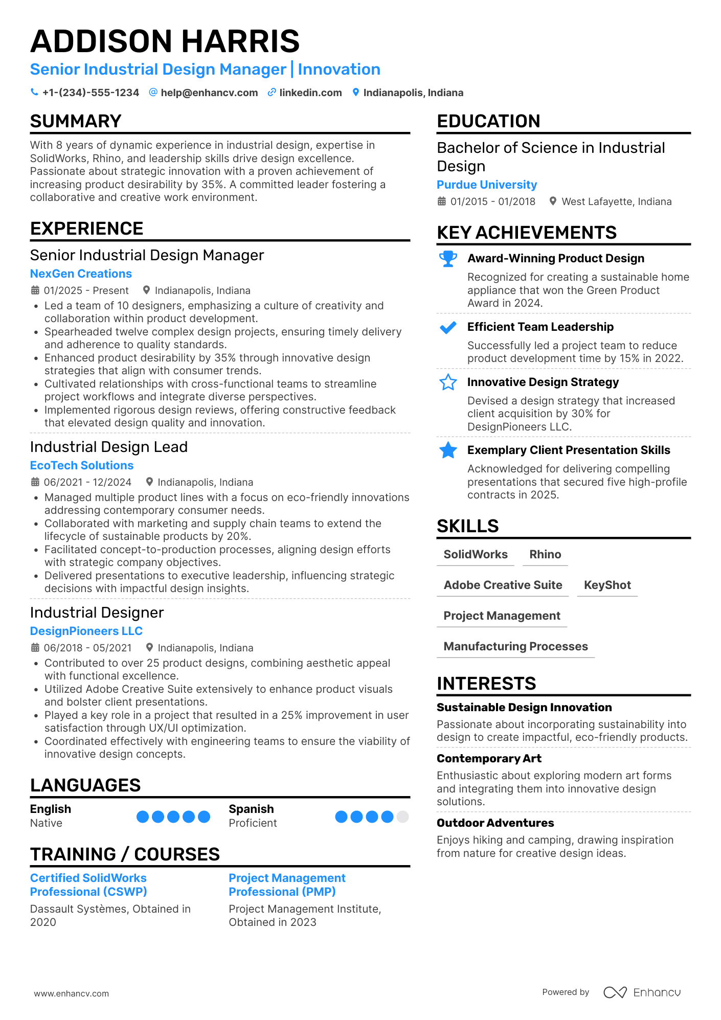 Senior Industrial Design Manager Resume Example