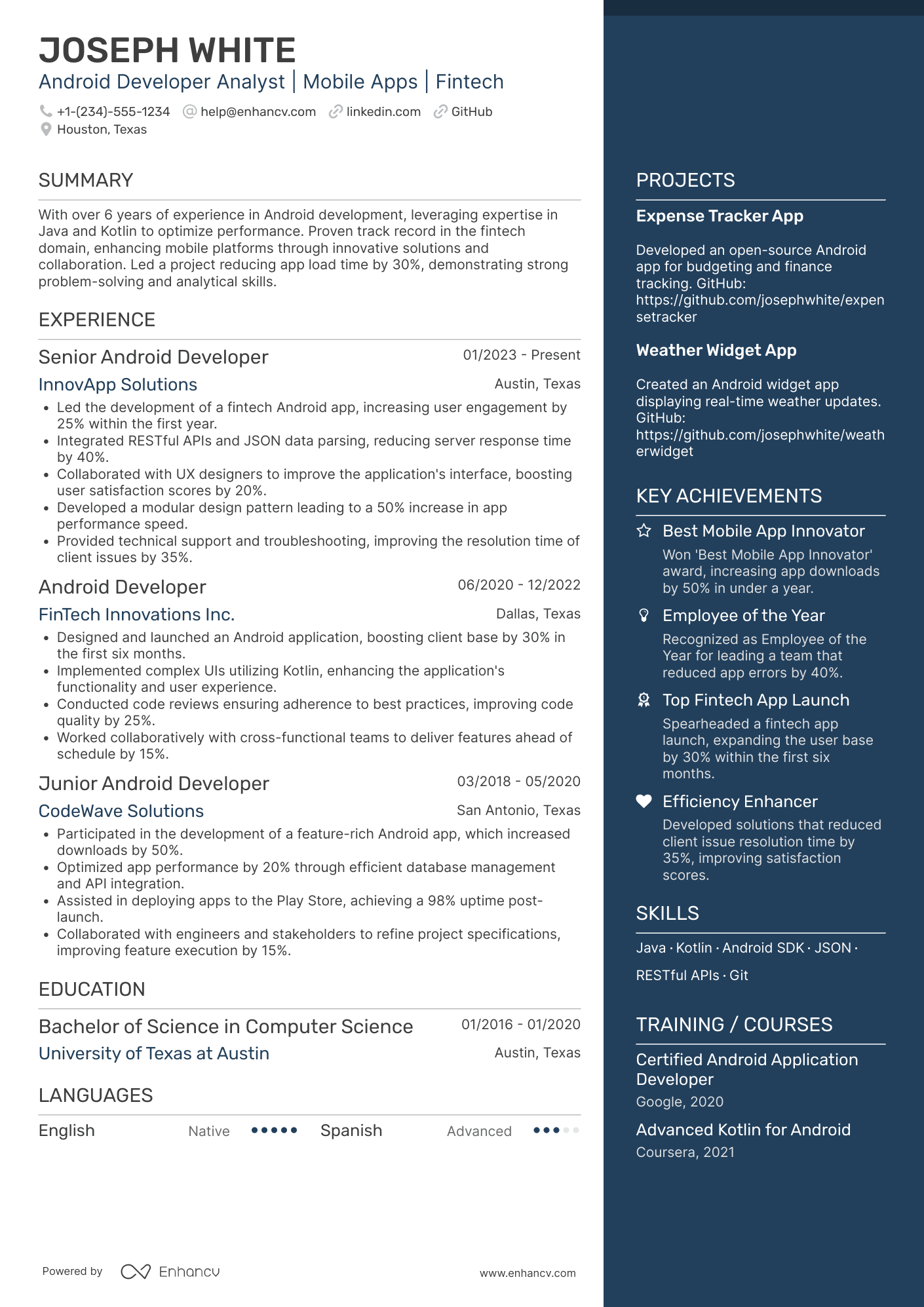 Android Developer Analyst Resume Example