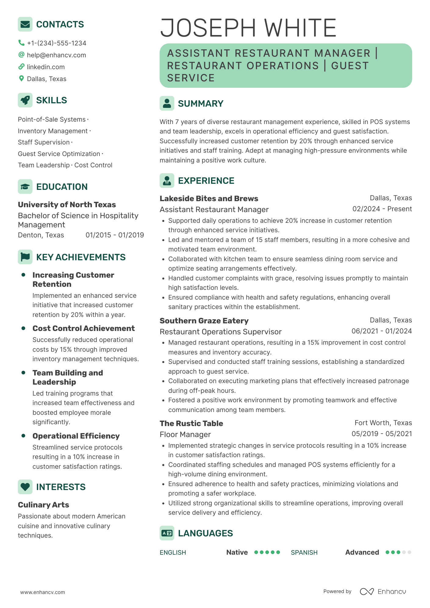 Assistant Restaurant Manager Resume Example