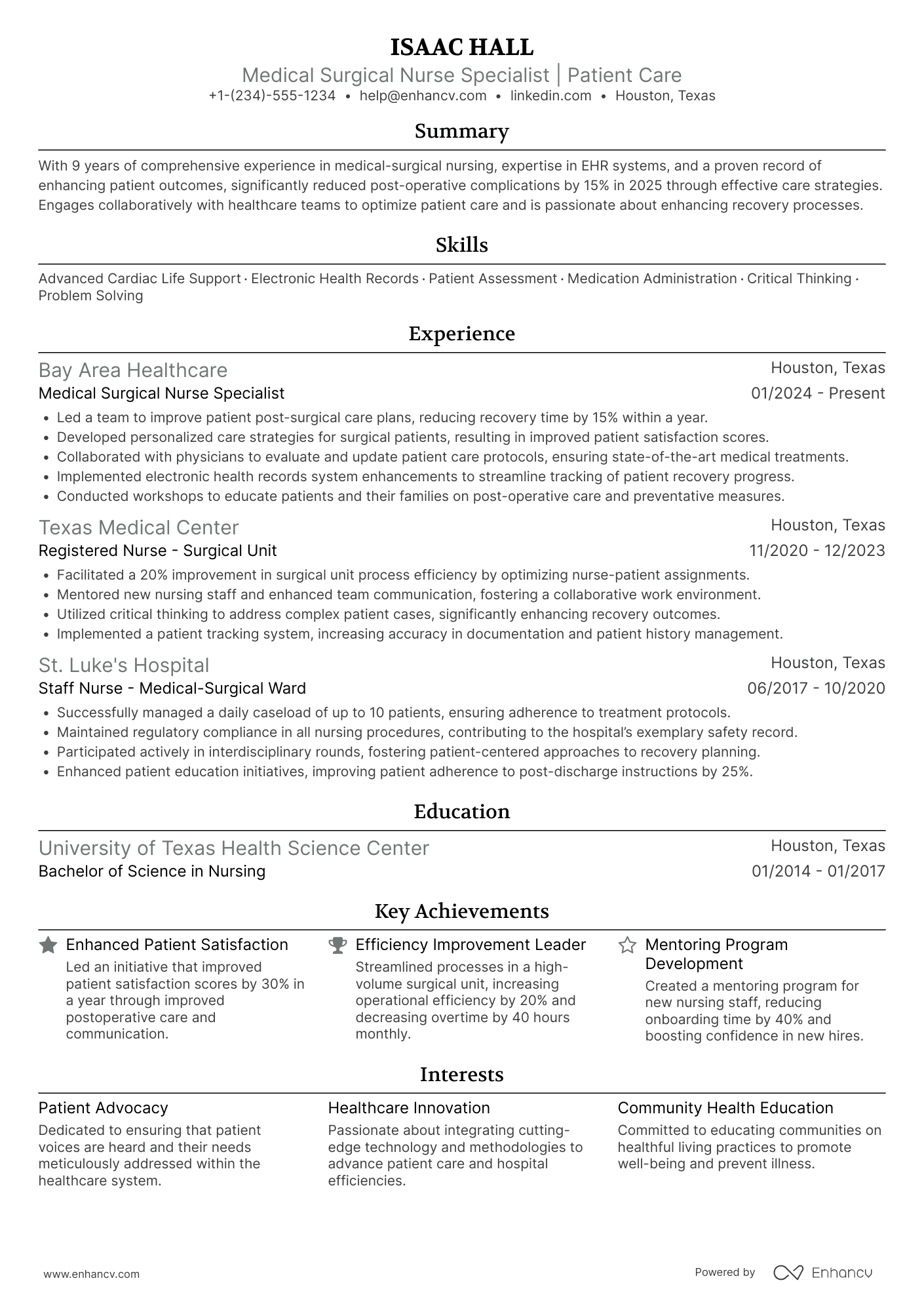 Medical Surgical Nurse Specialist Resume Example