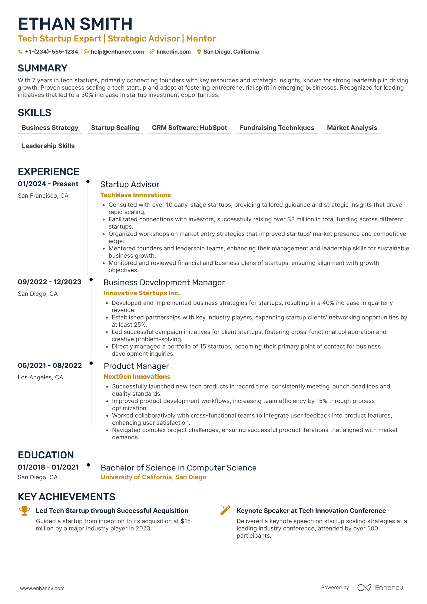 Startup Mentor Resume Example