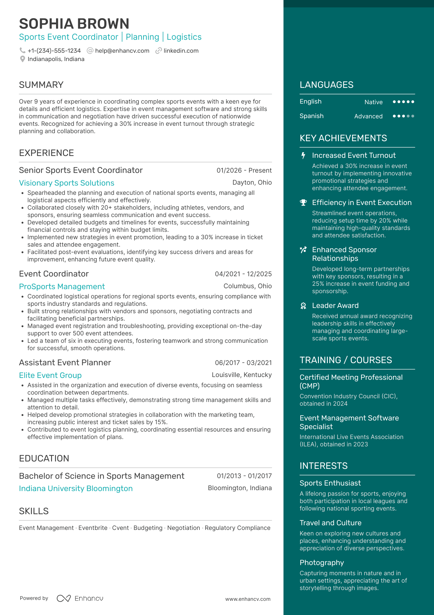 Sports Event Coordinator Resume Example