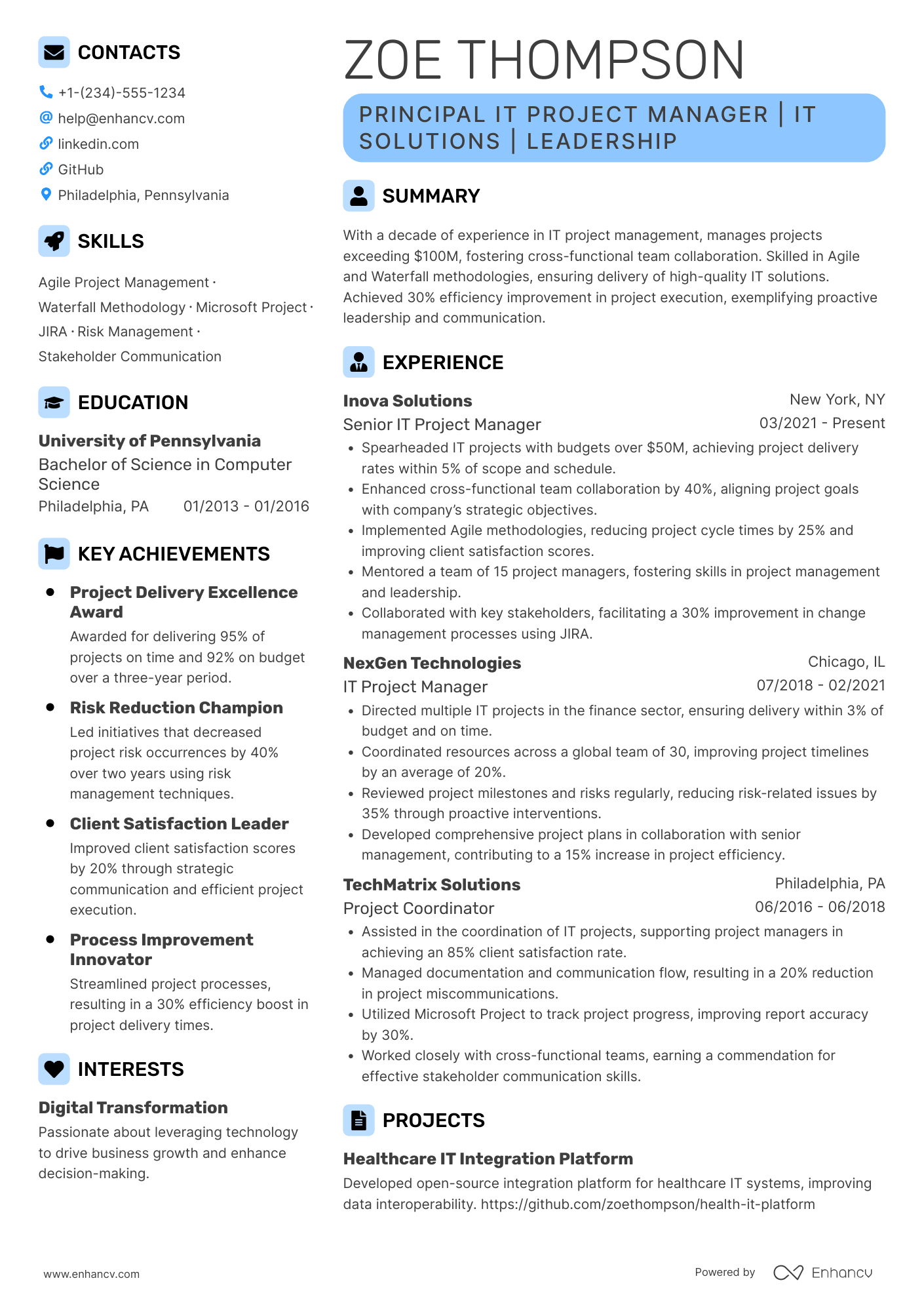 Principal IT Project Manager Resume Example