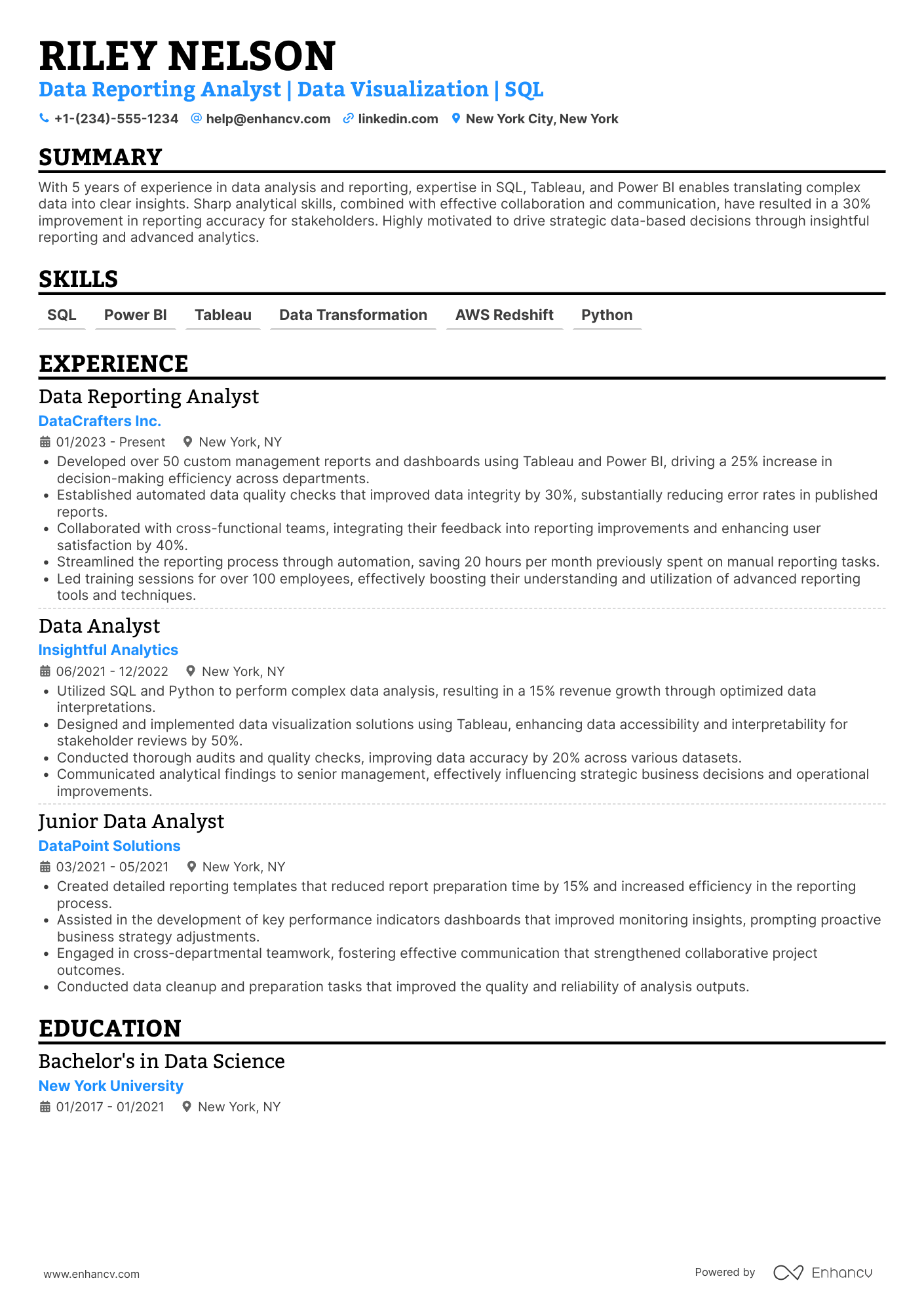Data Reporting Analyst Resume Example