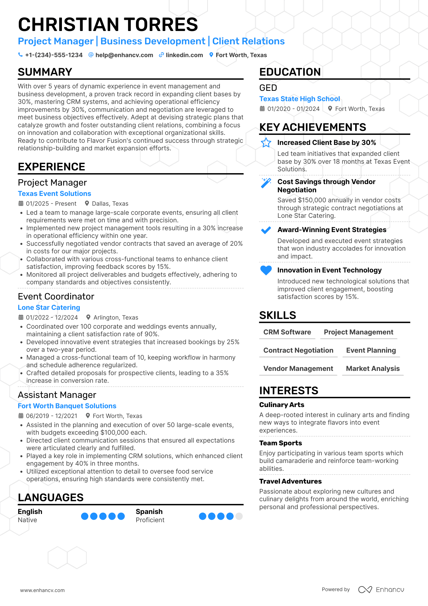 Catering Business Development Manager Resume Example