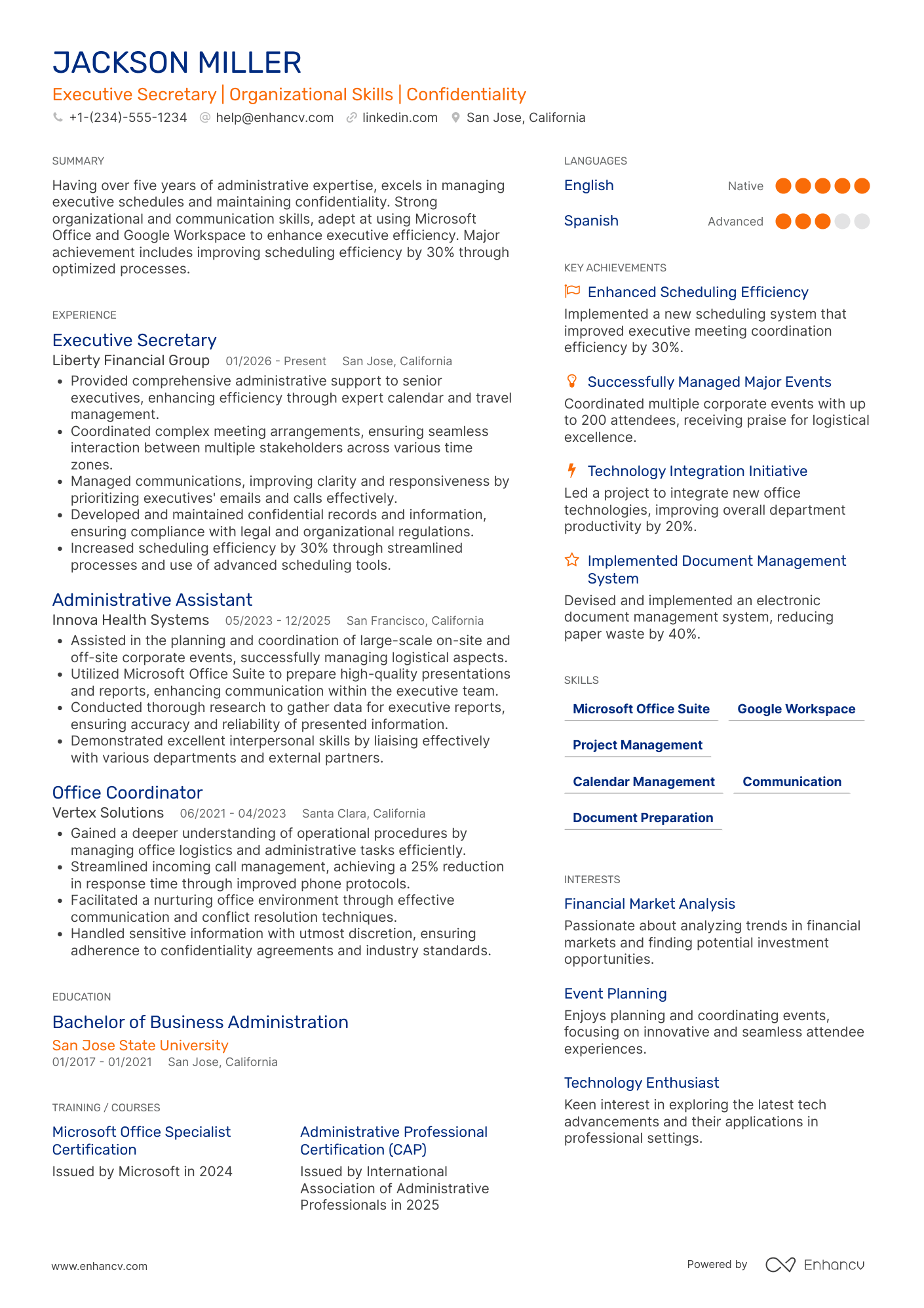 Executive Secretary Resume Example