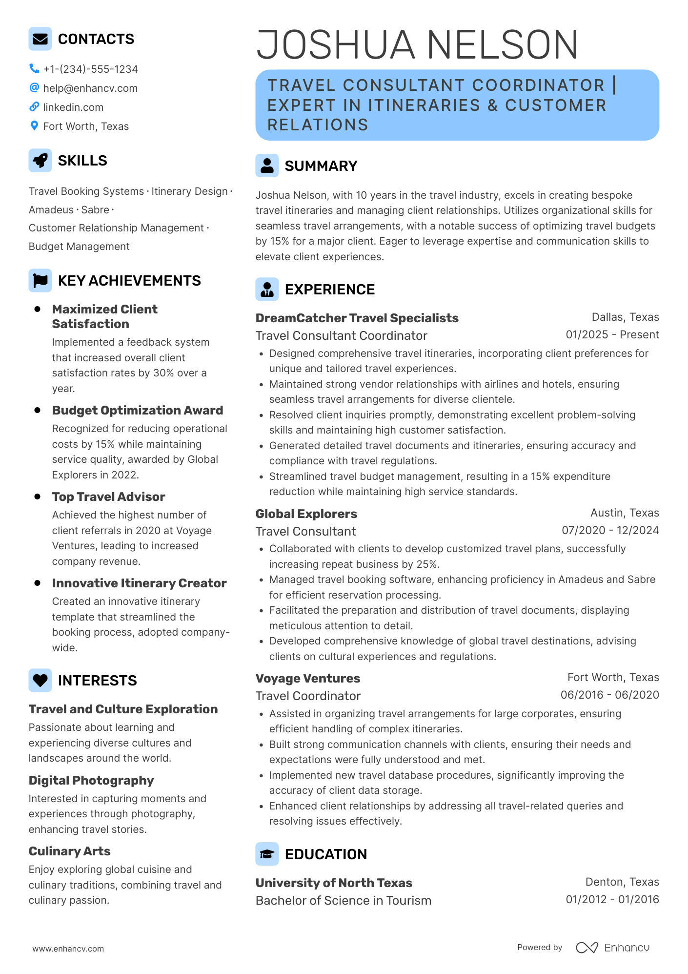 Travel Consultant Coordinator Resume Example