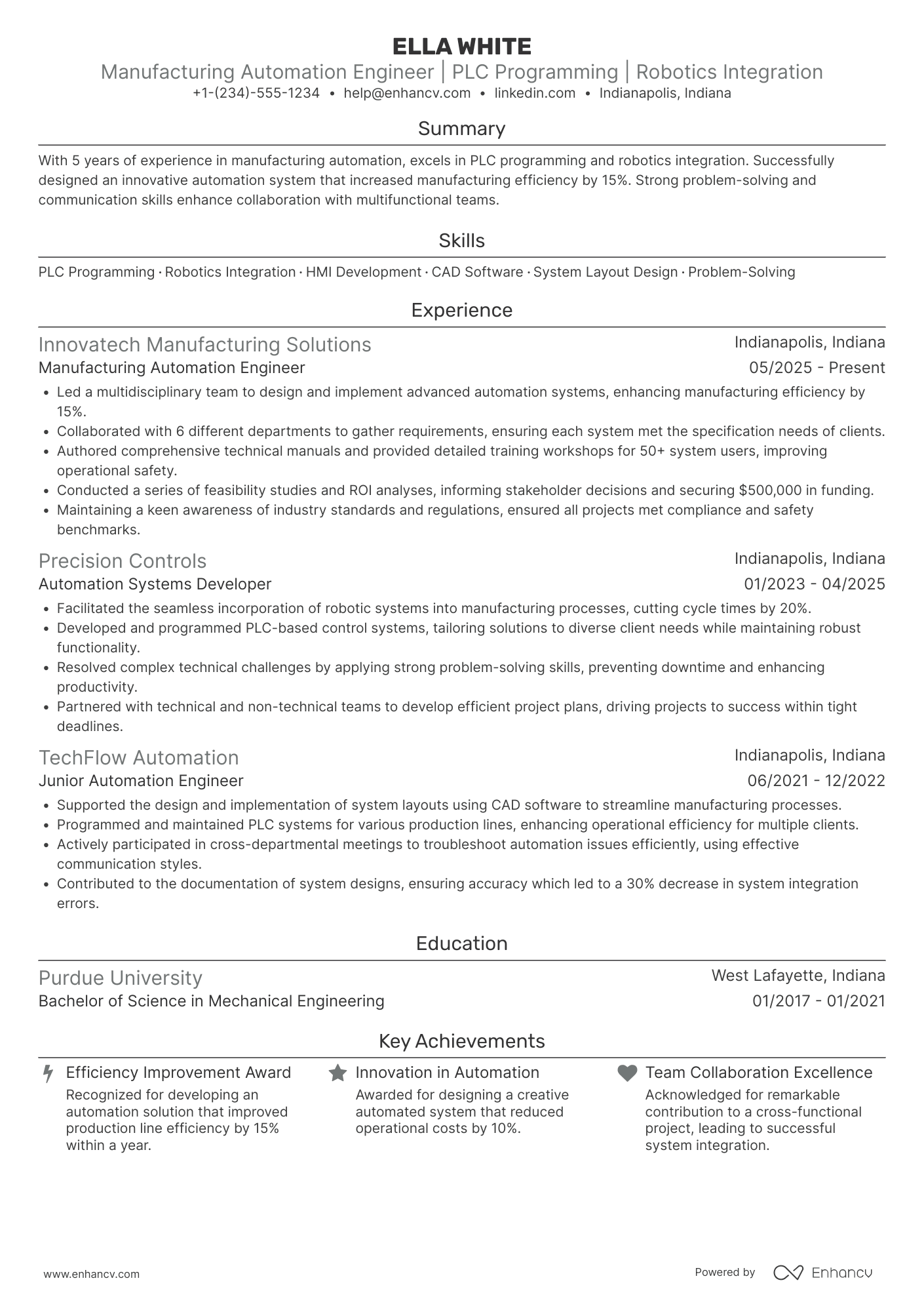 Manufacturing Automation Engineer Resume Example