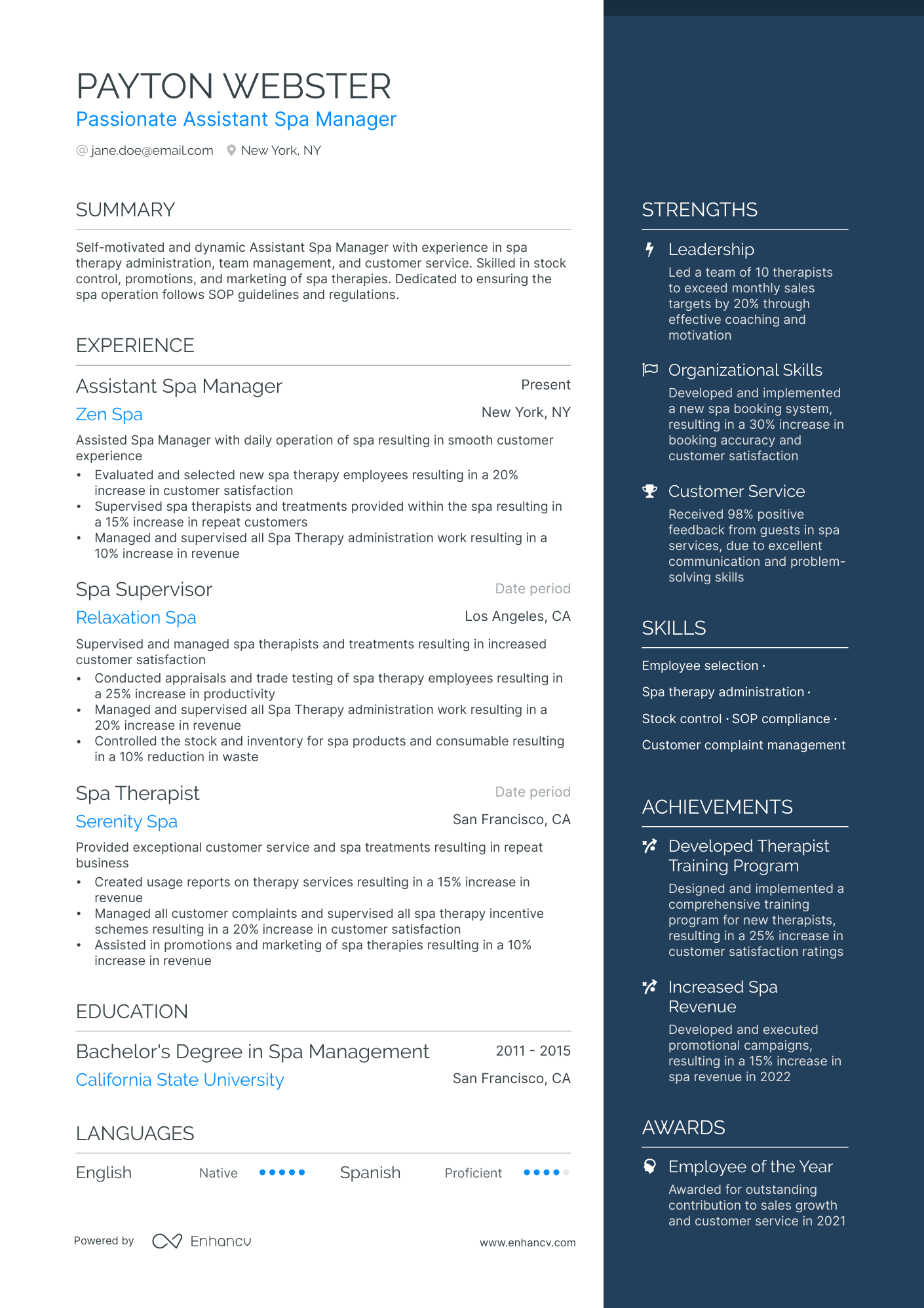 Assistant Spa Manager Resume Example