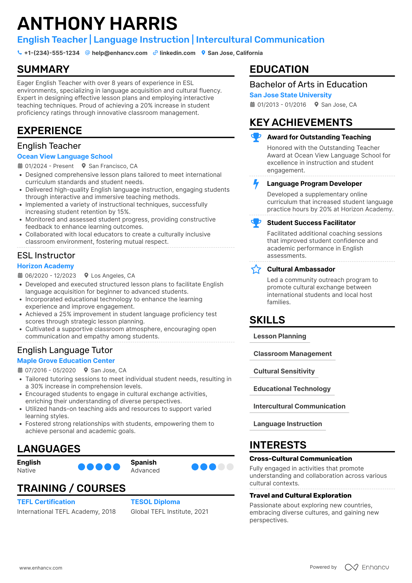 English Teacher Abroad Resume Example