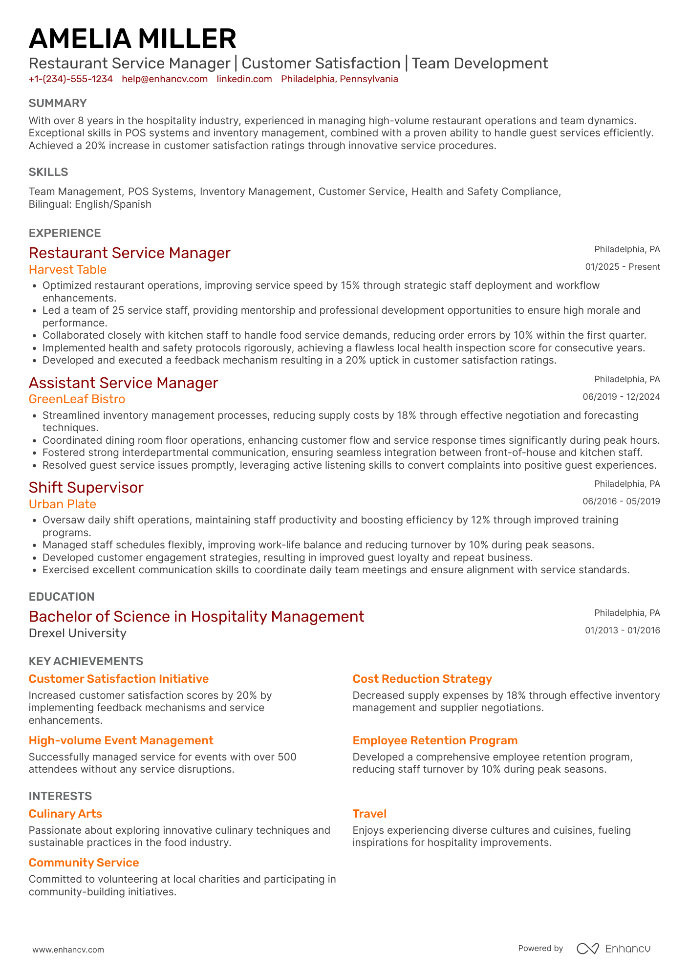 Restaurant Service Manager Resume Example
