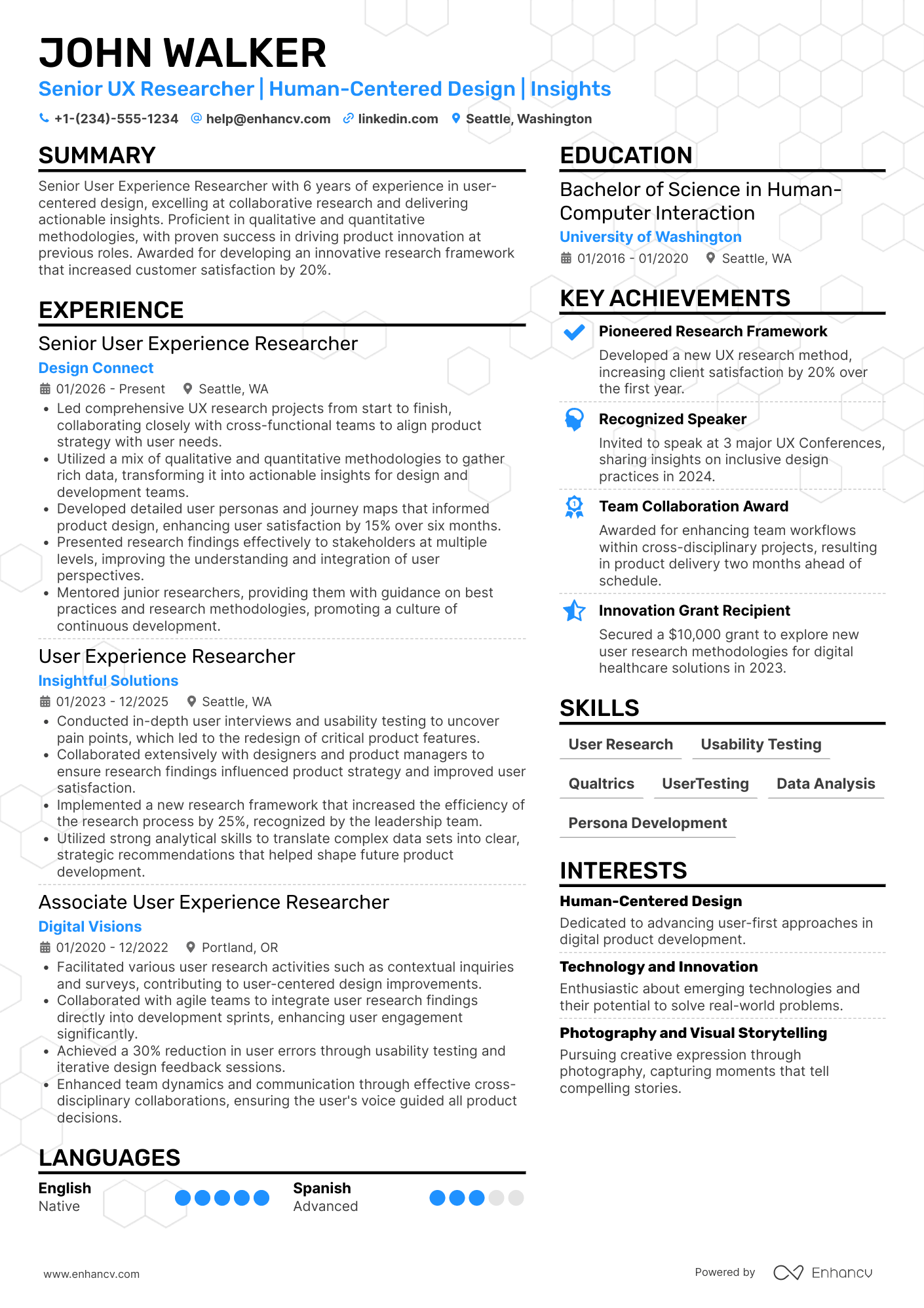 Senior User Experience Researcher Resume Example