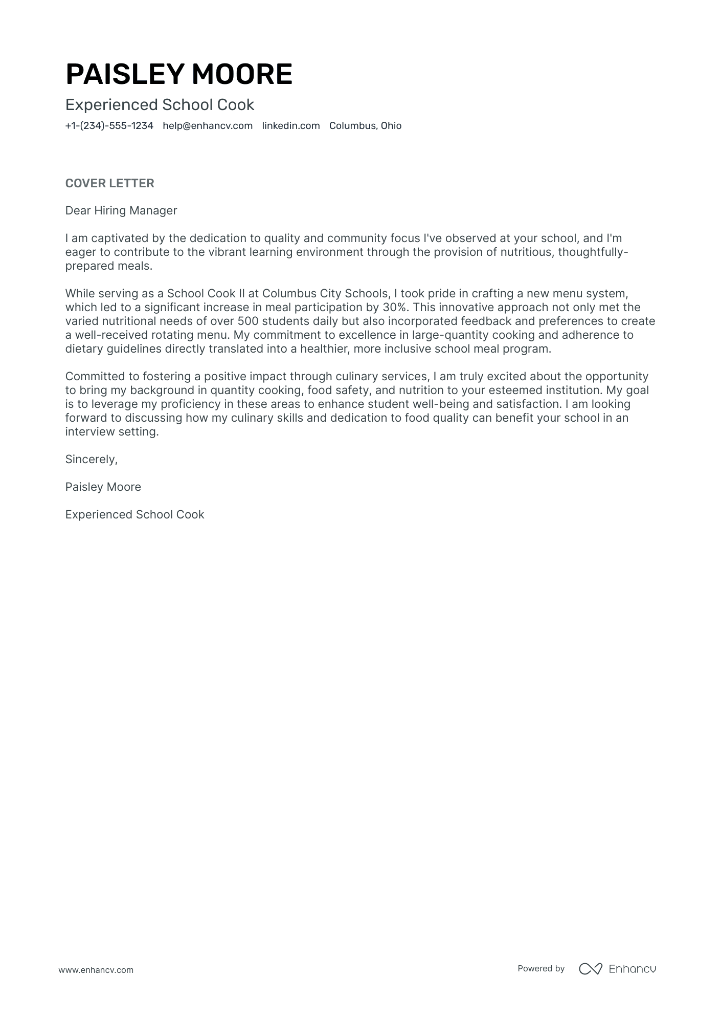 School Cook Resume Example