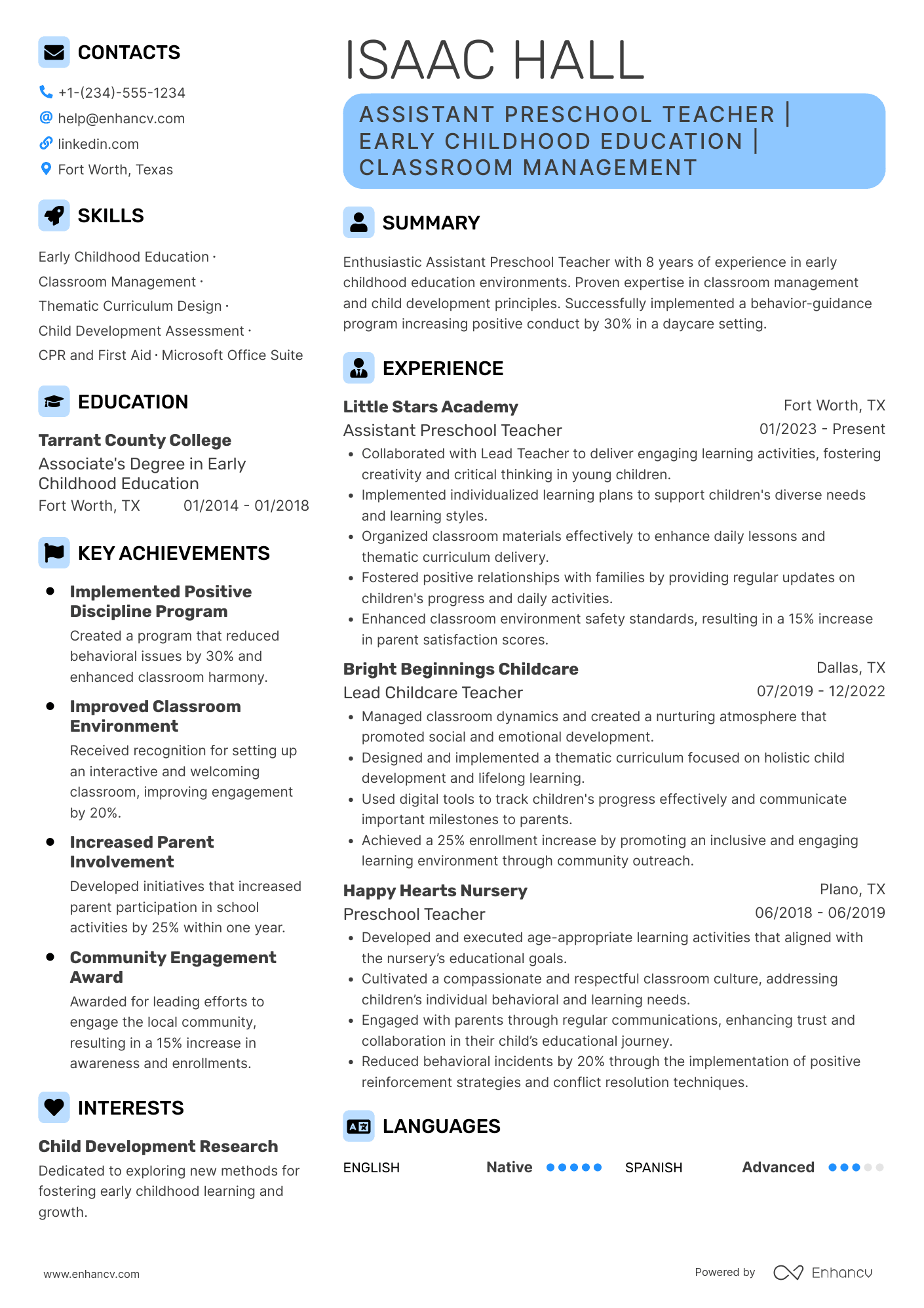 Assistant Preschool Teacher Resume Example