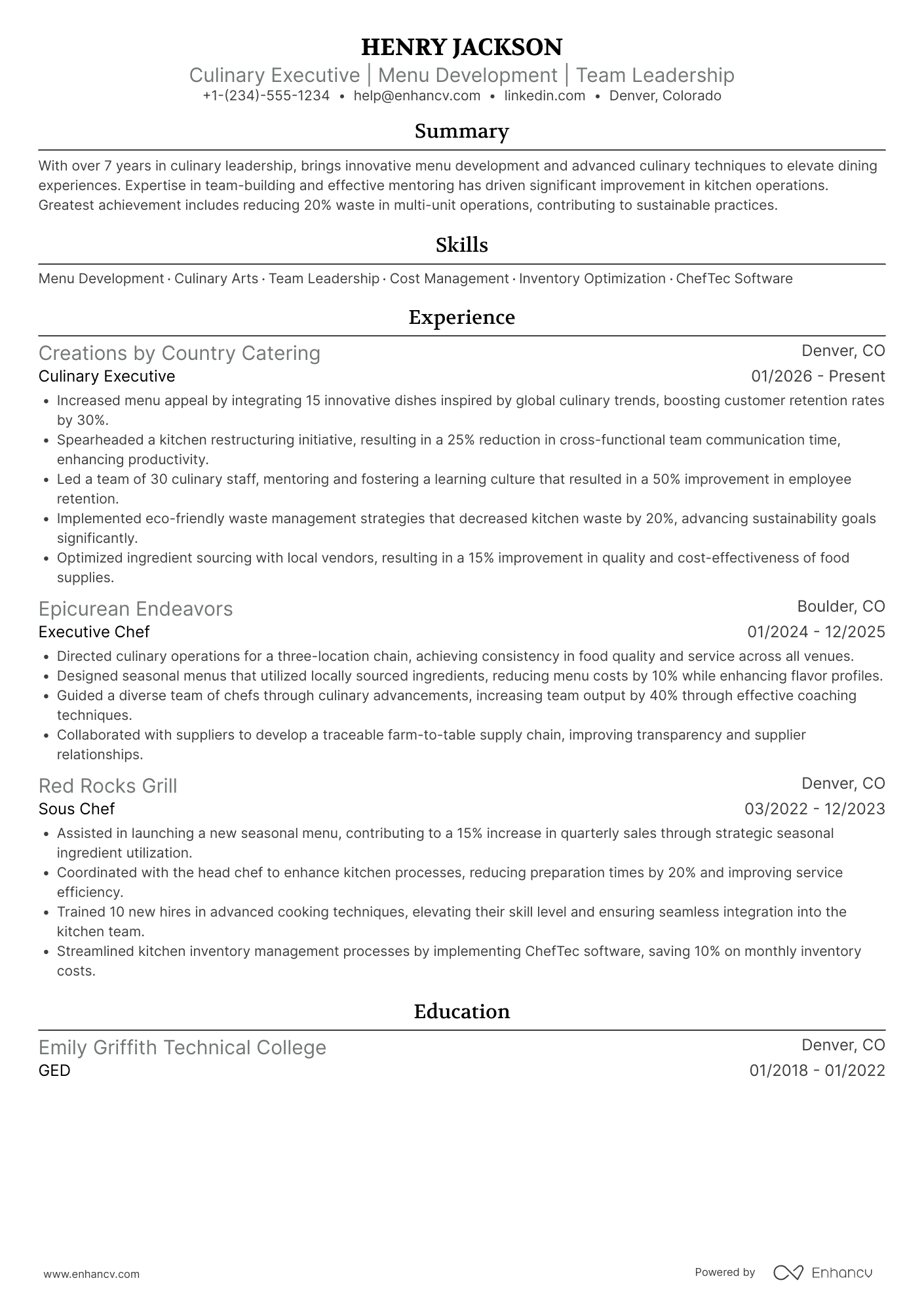 Culinary Executive Resume Example