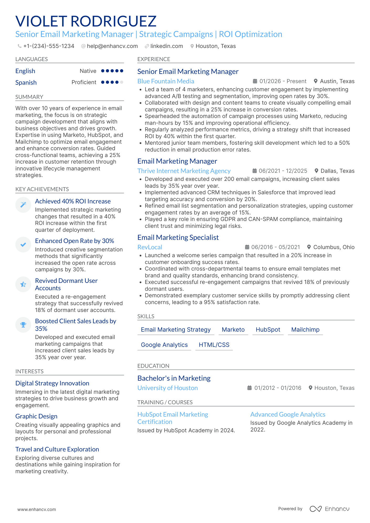 Senior Email Marketing Manager Resume Example
