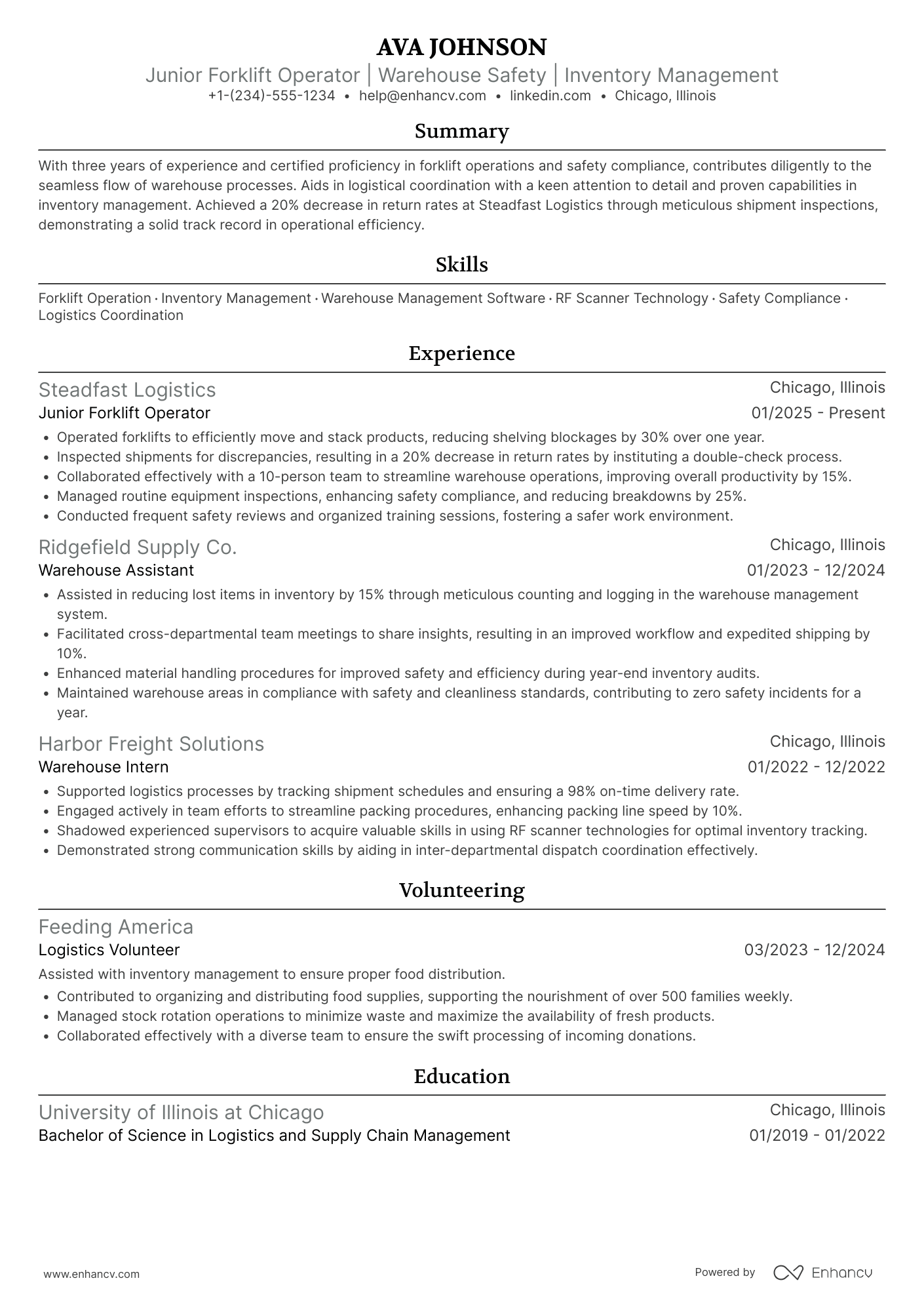 Junior Forklift Operator Resume Example