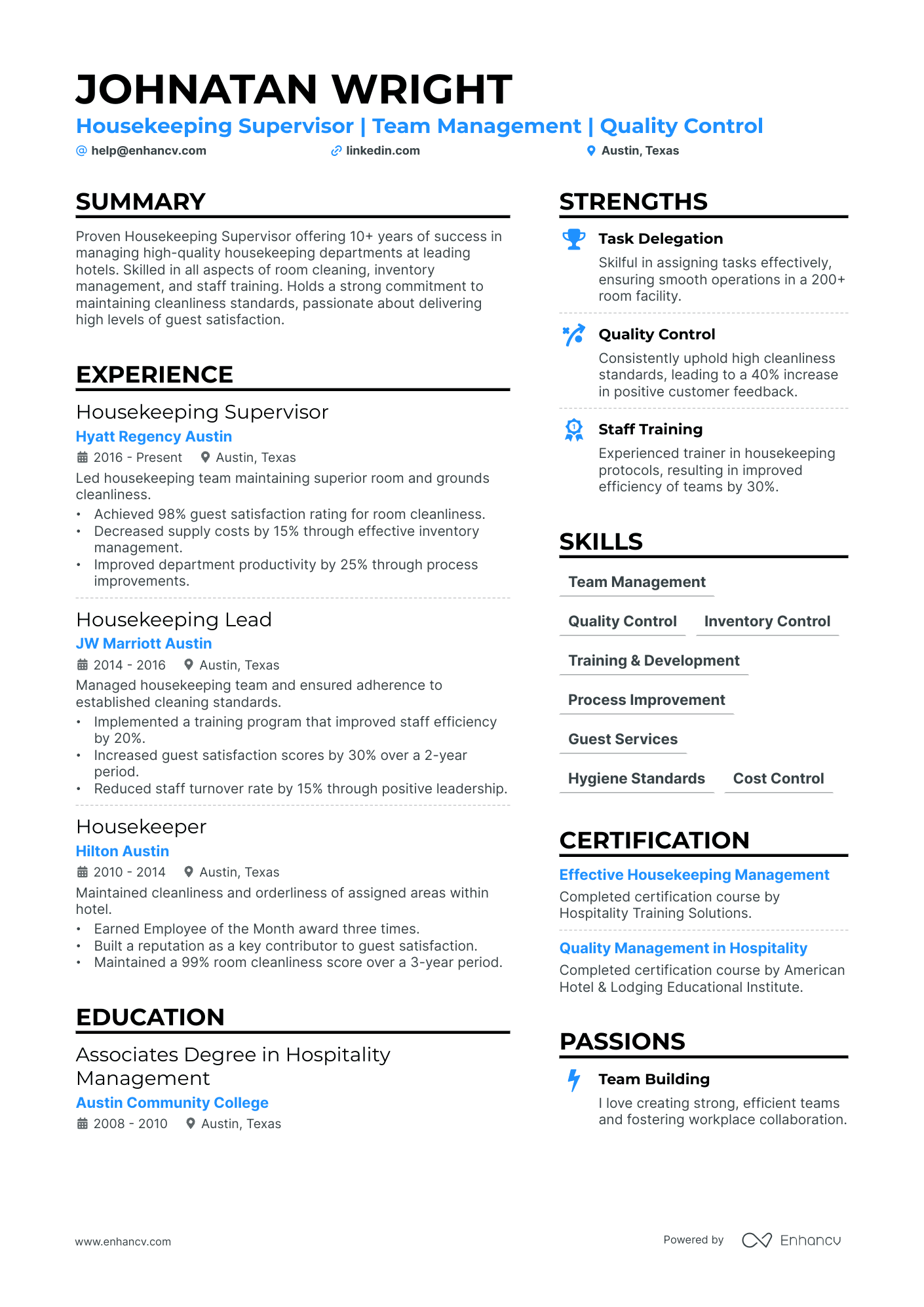 Housekeeping Supervisor Resume Example