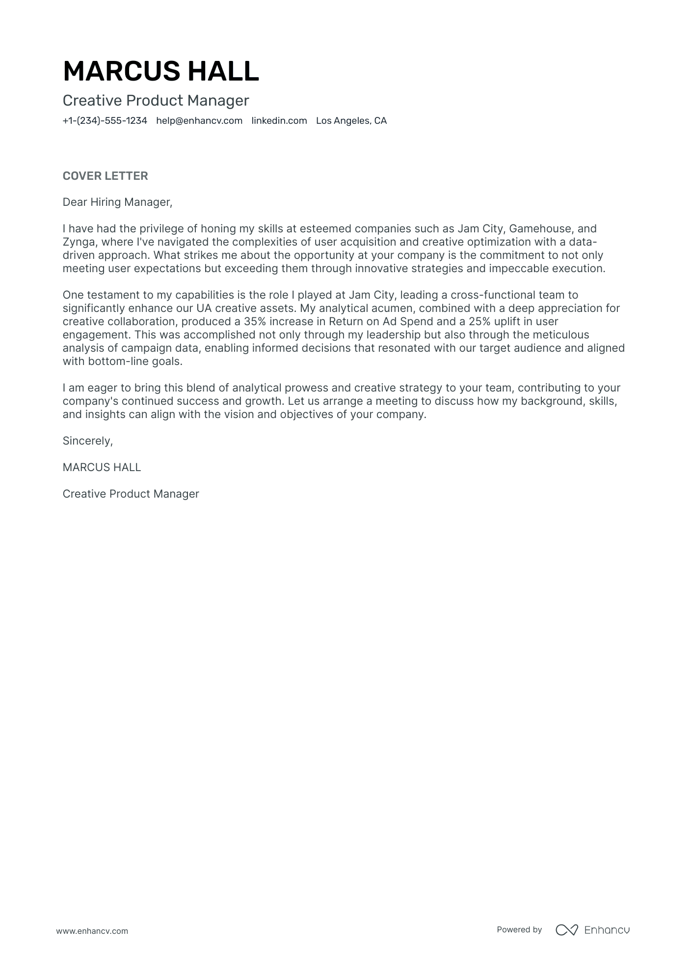 Creative Product Manager Resume Example