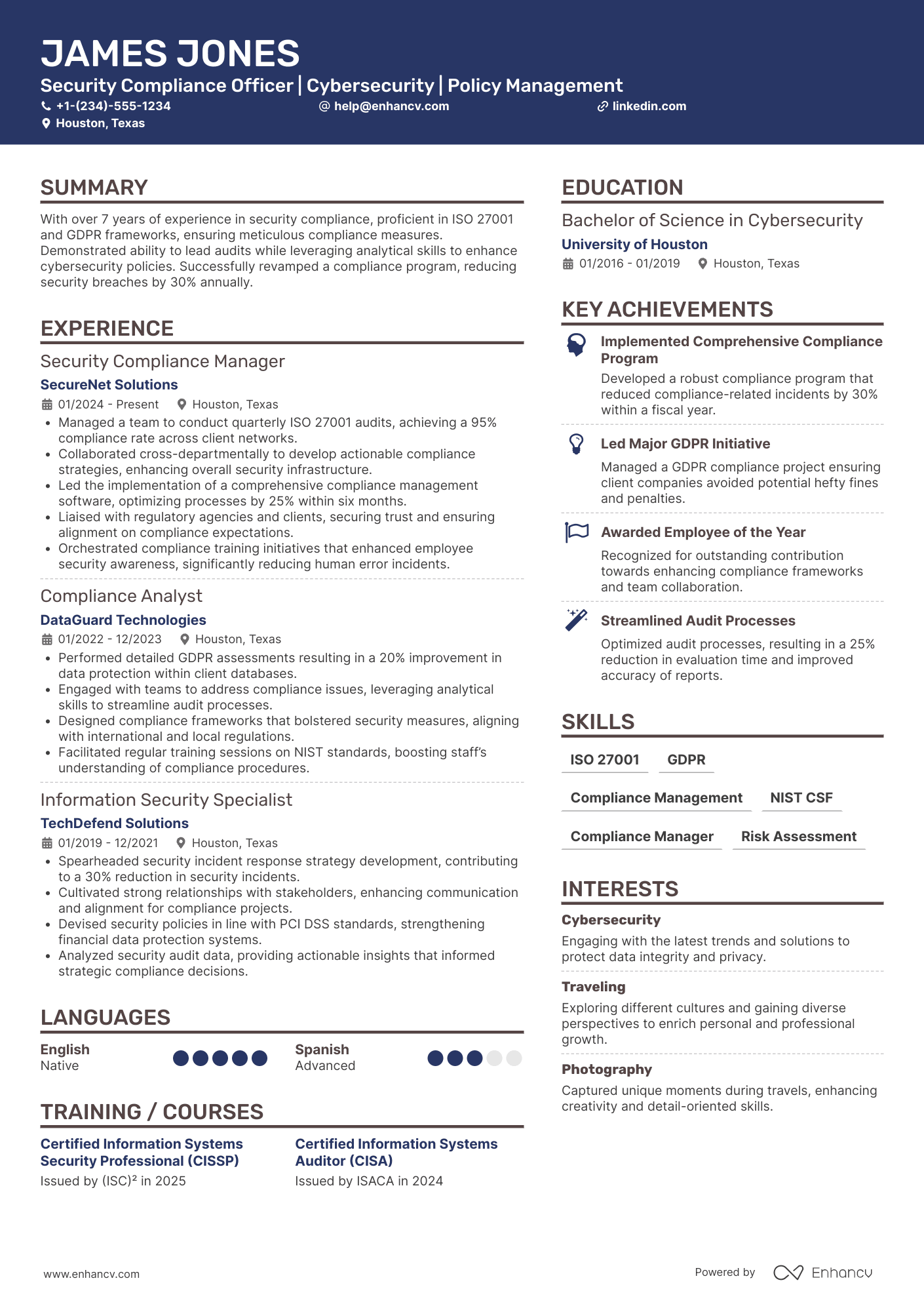 Security Compliance Officer Resume Example