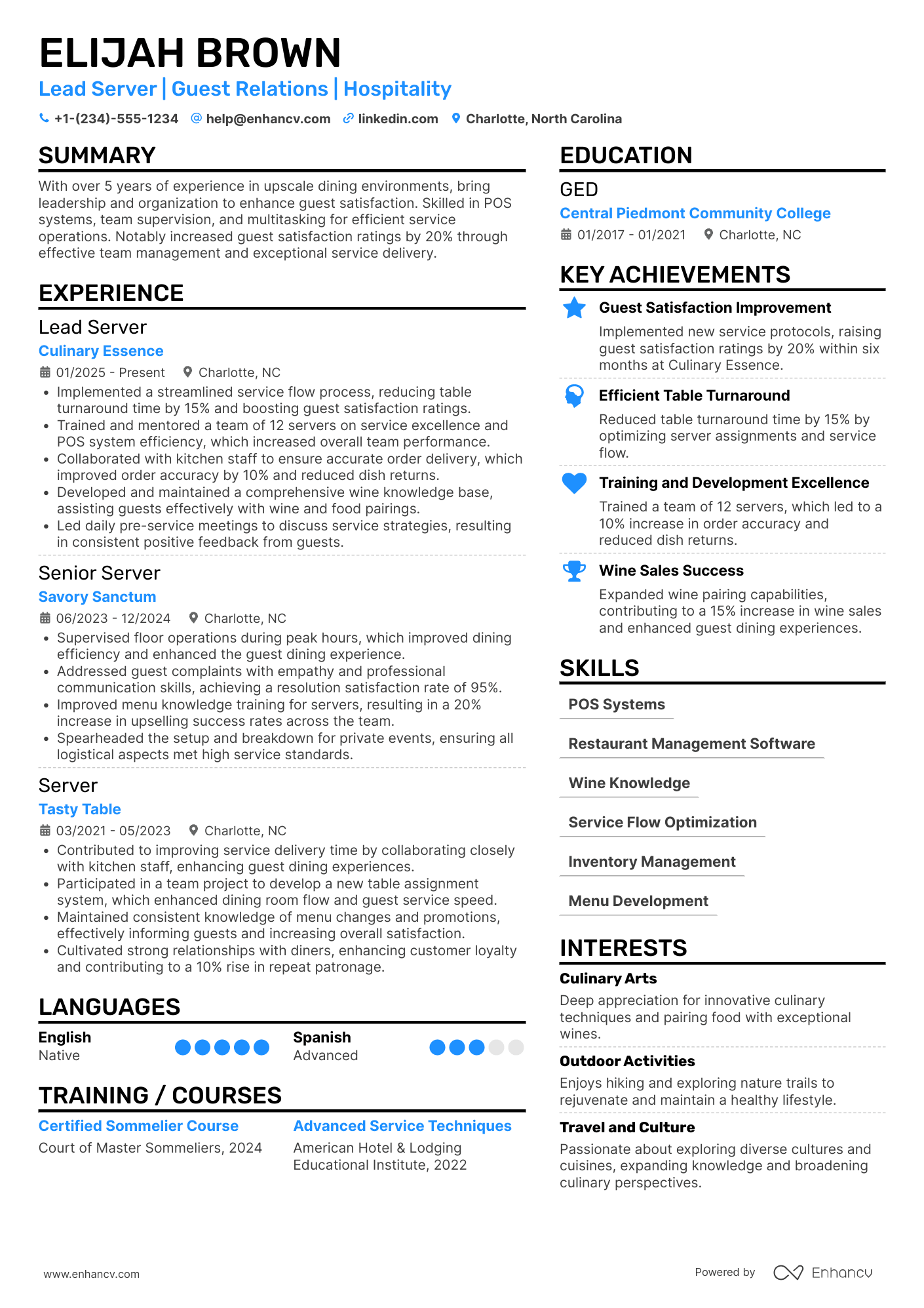 Head Server Resume Example